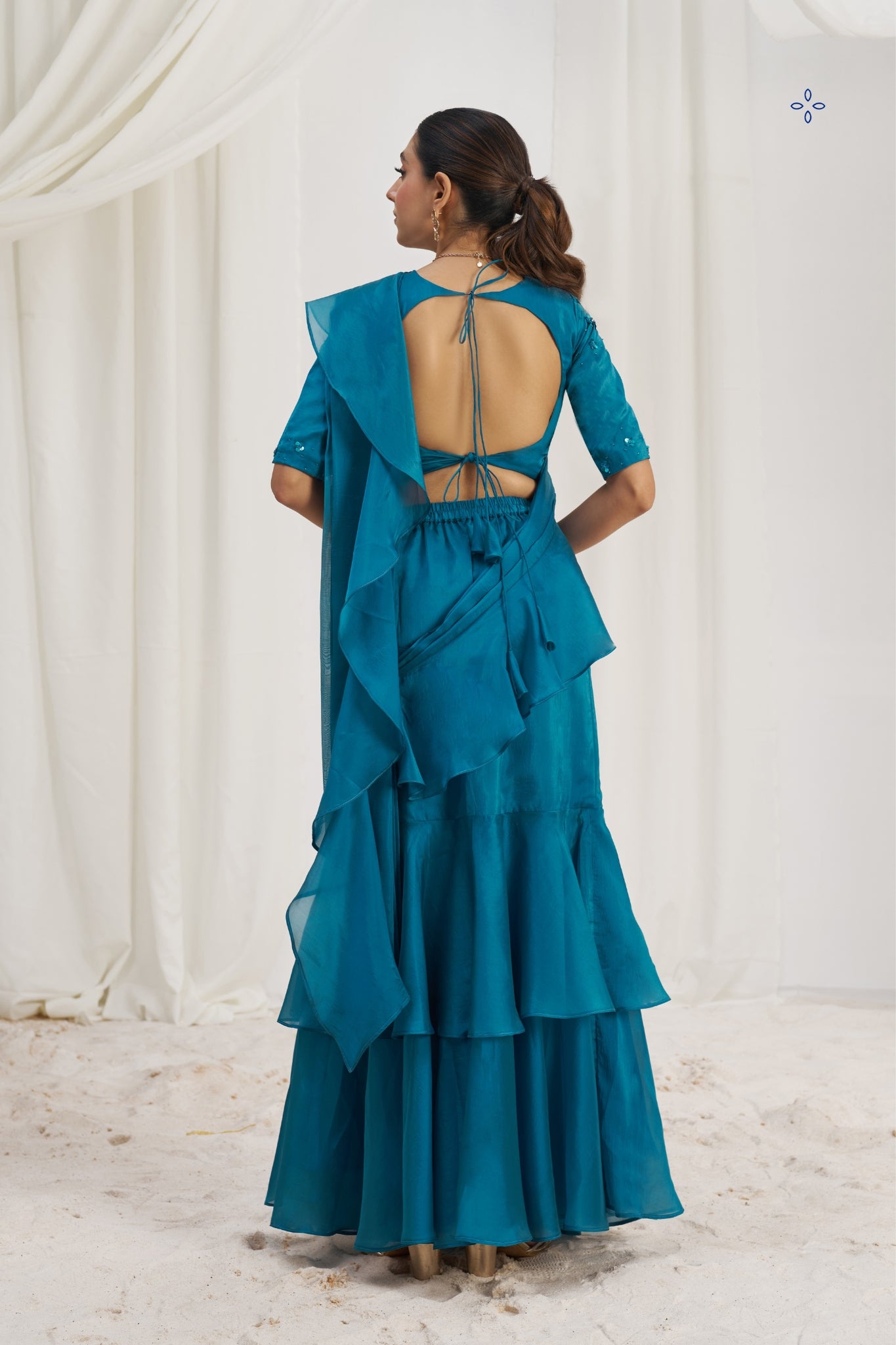 Teel Blue Organza Ruffle Saree Set