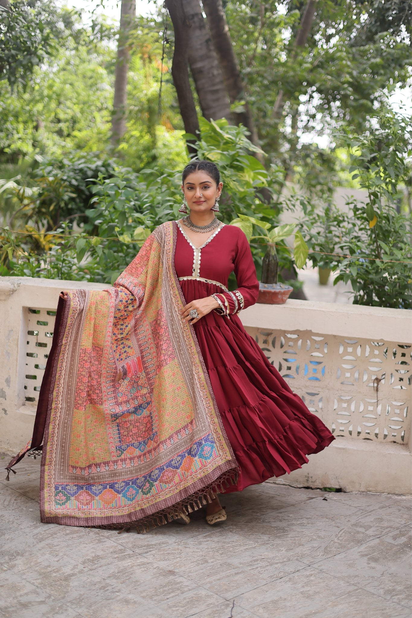 Beautiful Frill Stitching Designer Festival And Wedding Gown And Dupatta Set