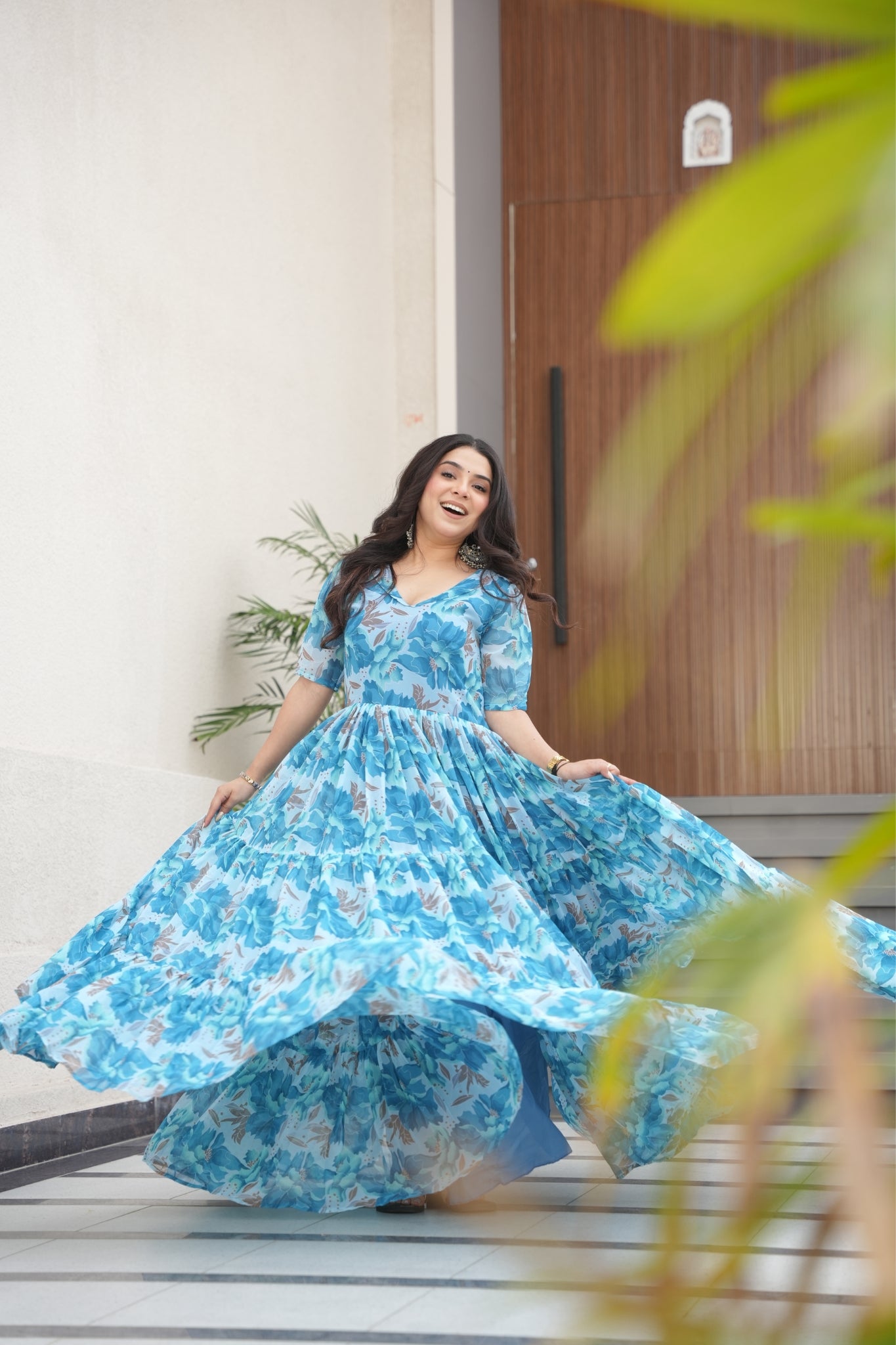 Floral Printed Georgette Women Tiered Gown