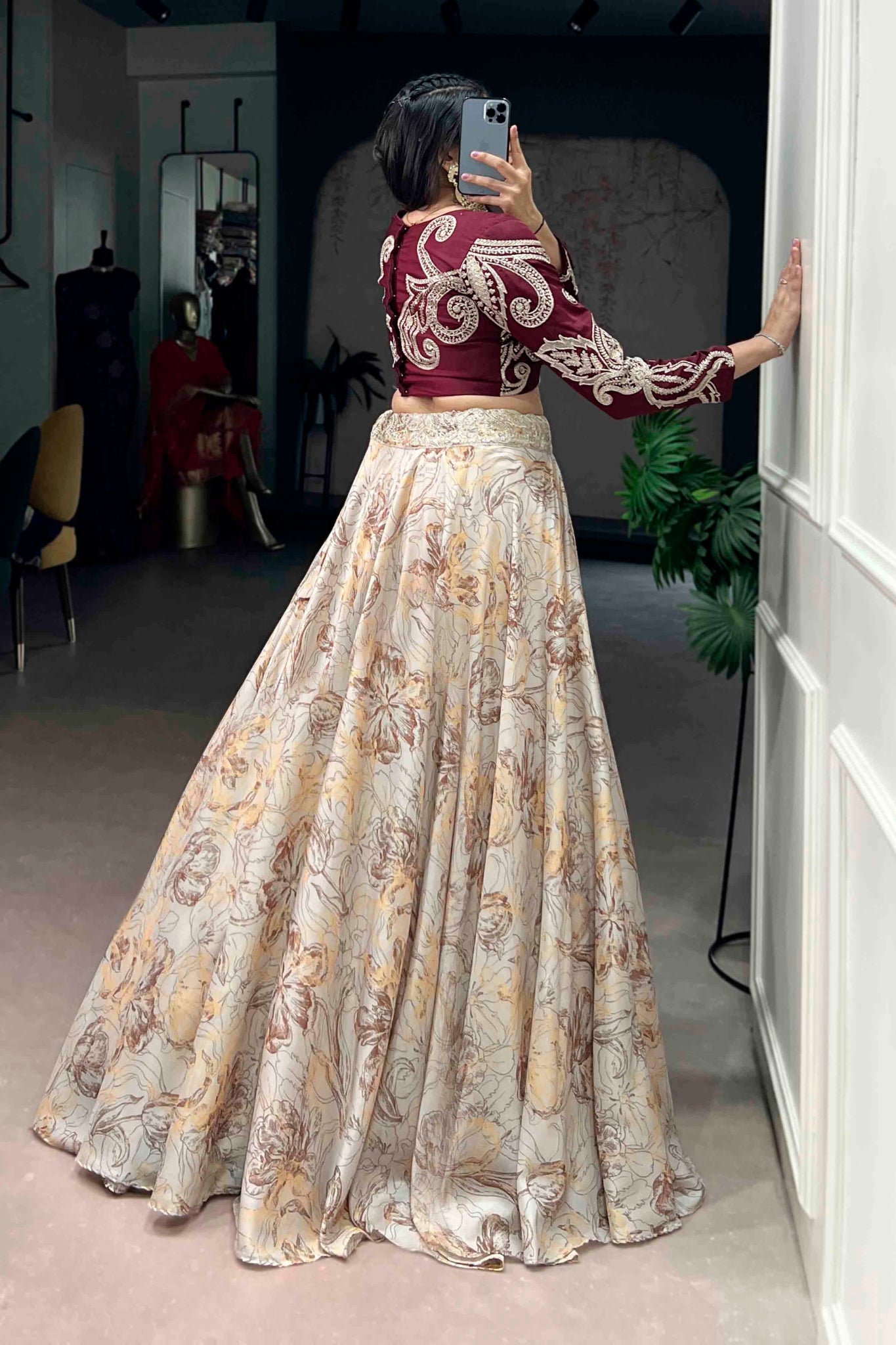 Floral Printed Tasar Silk Lehenga Choli
