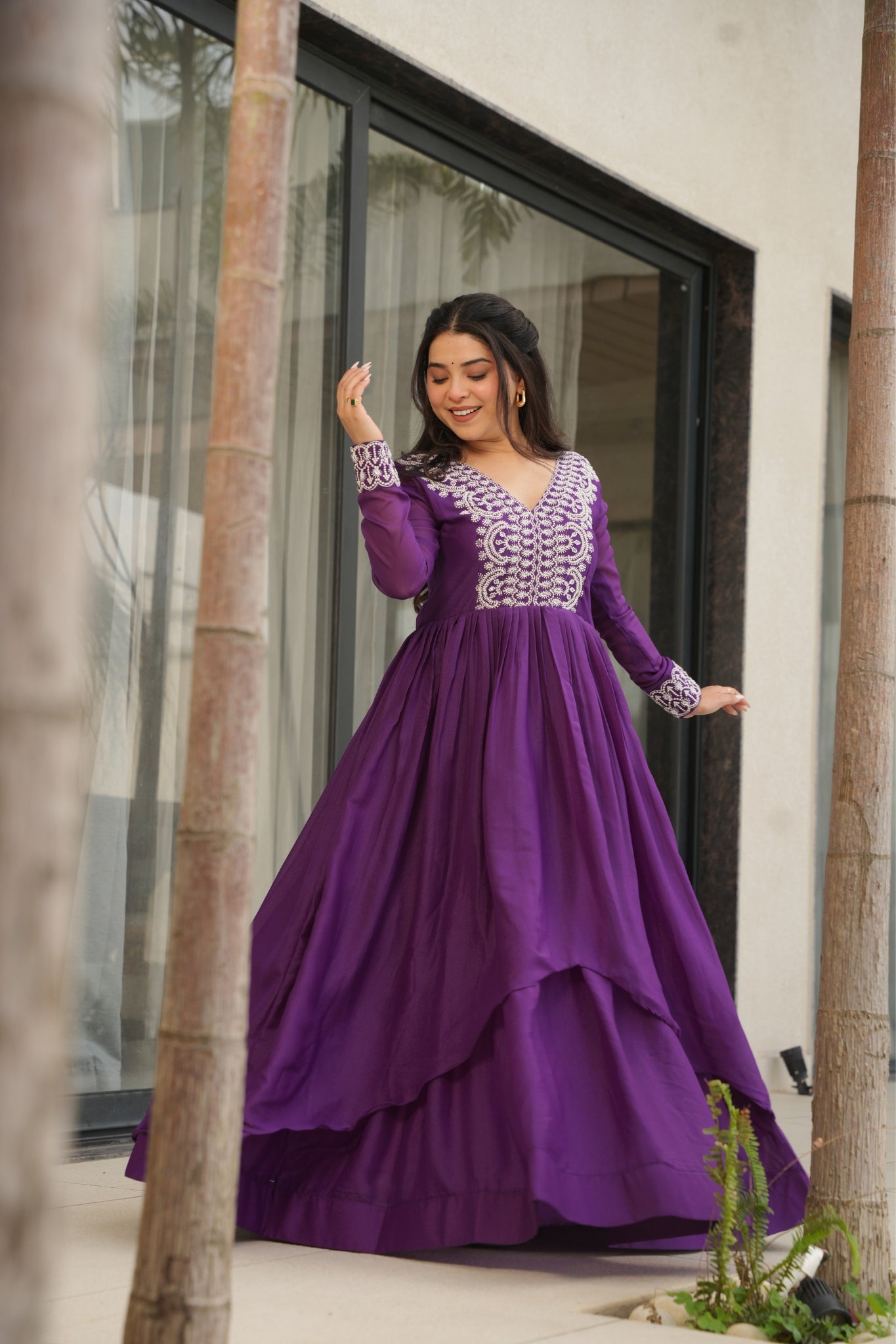 Georgette Embroidered Beads Sequins Work Double Flair Wedding Stylish Gown