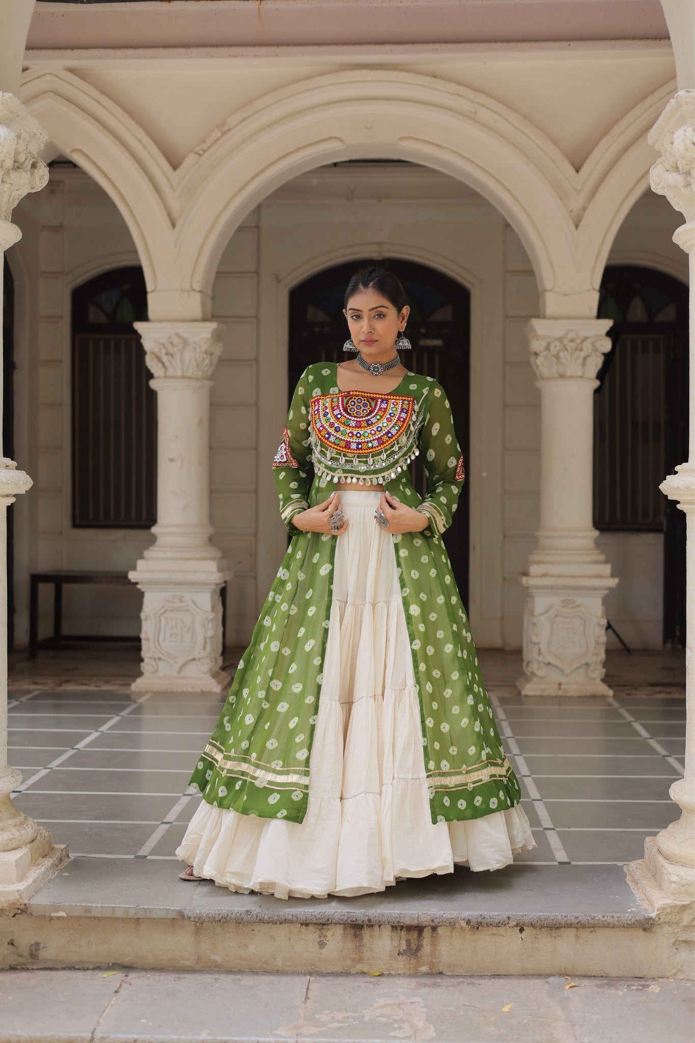 Kora Cotton Stylish Frill Stitching Beautiful Navratri Lehenga With Bandhani Printed Kurti