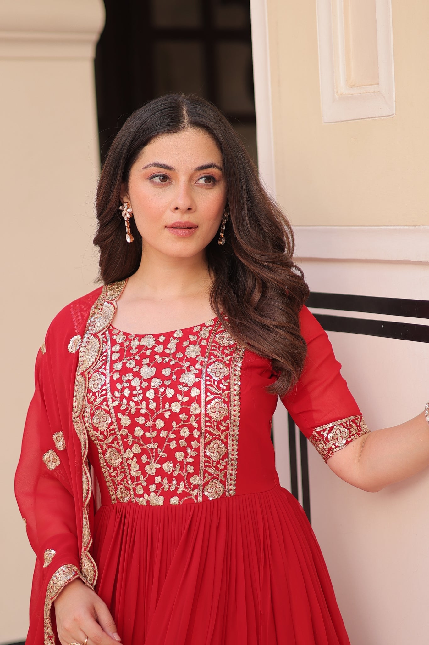 Embroidery Zari Sequins Work Designer Gown With Dupatta Set