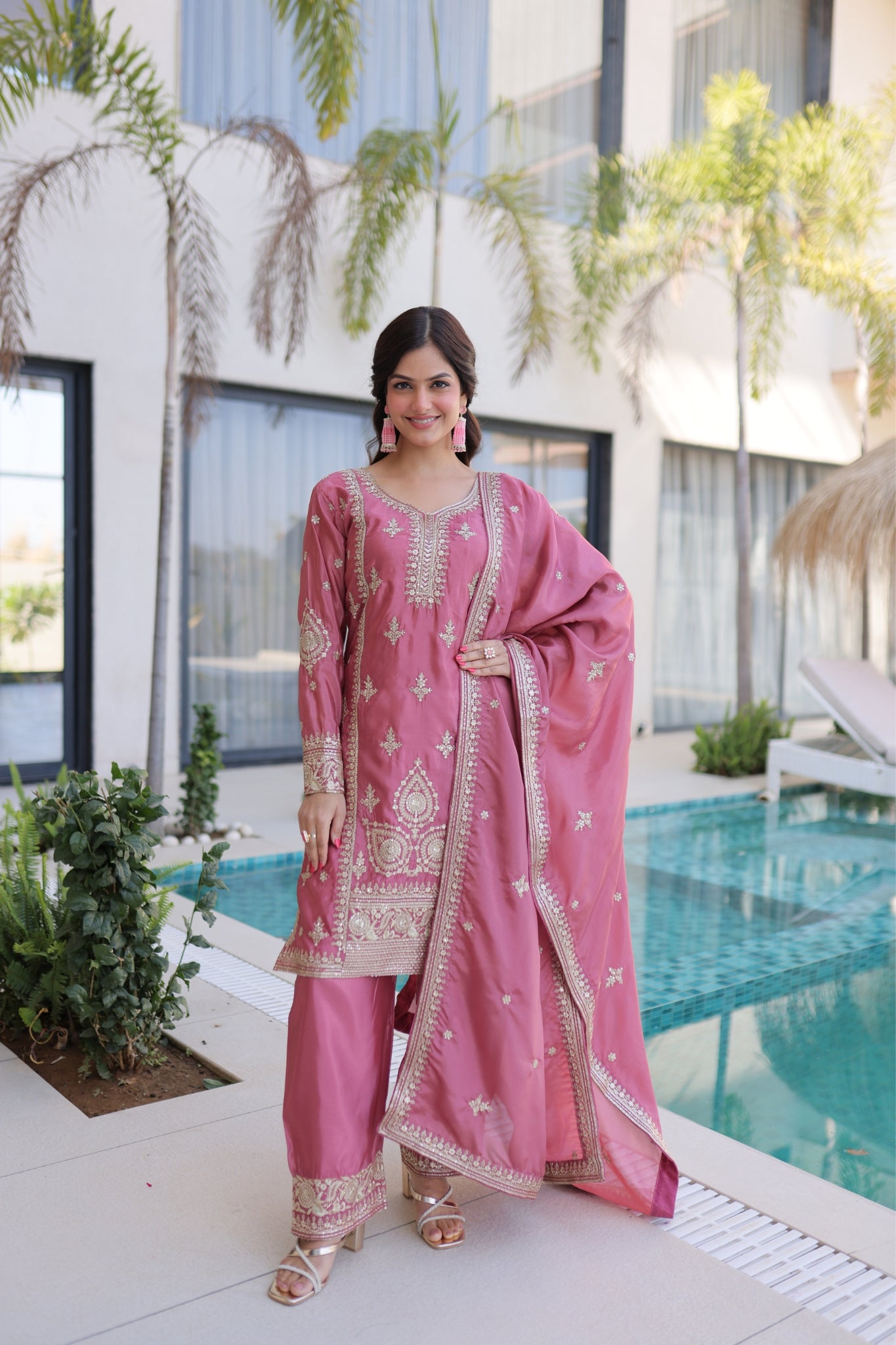 Luxury Ho Silk Designer Multi With Thread Embroidery Suit Set