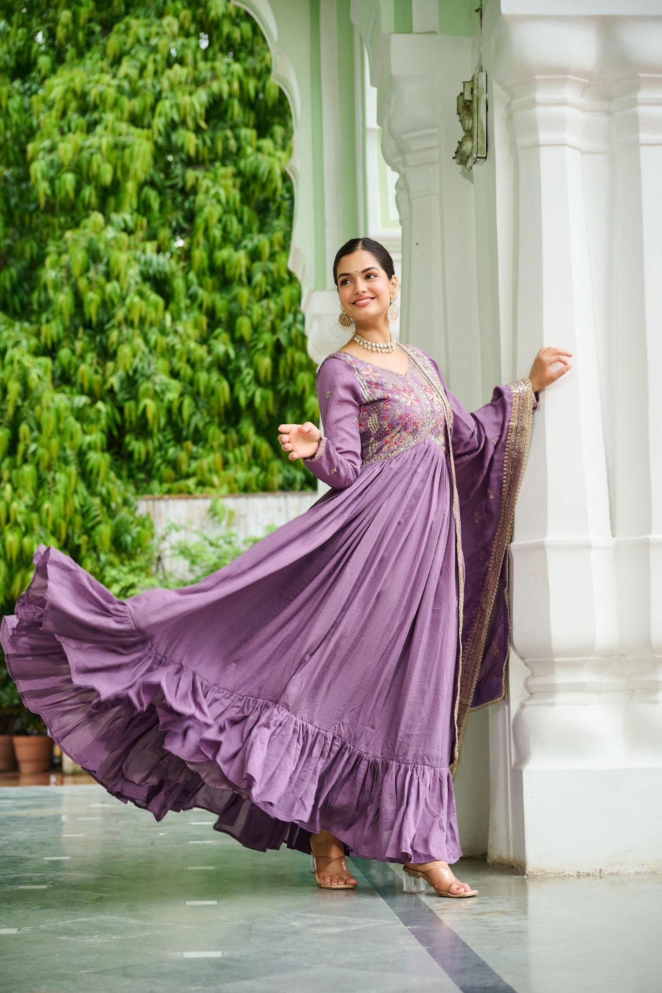 Designer Vichitra Silk Gown with Zari & Thread Embroidery and Dupatta Party Wear Dress