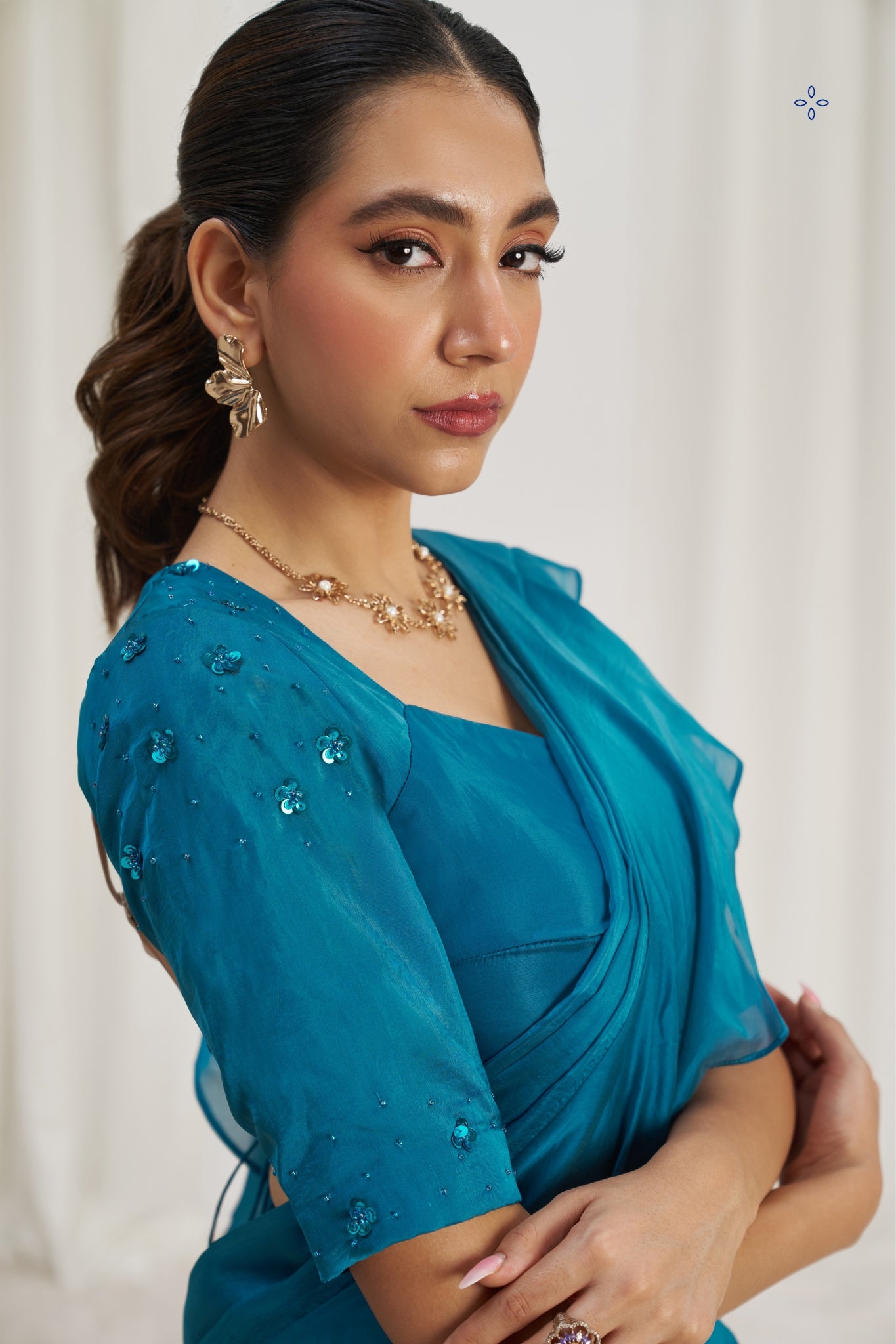 Teel Blue Organza Ruffle Saree Set