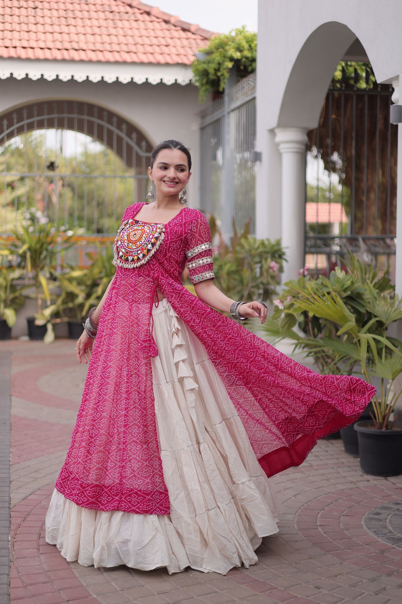 Raasrang Navratri Designer Kora Cotton Lehenga With Kutchi Patchwork Bandhani Print Kurti For Garba & Dandiya