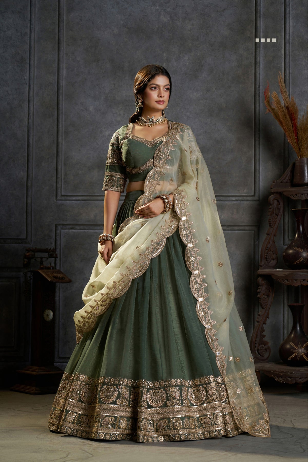 Olive Green Pure Organza Embroidered Designer Lehenga Choli With Dupatta