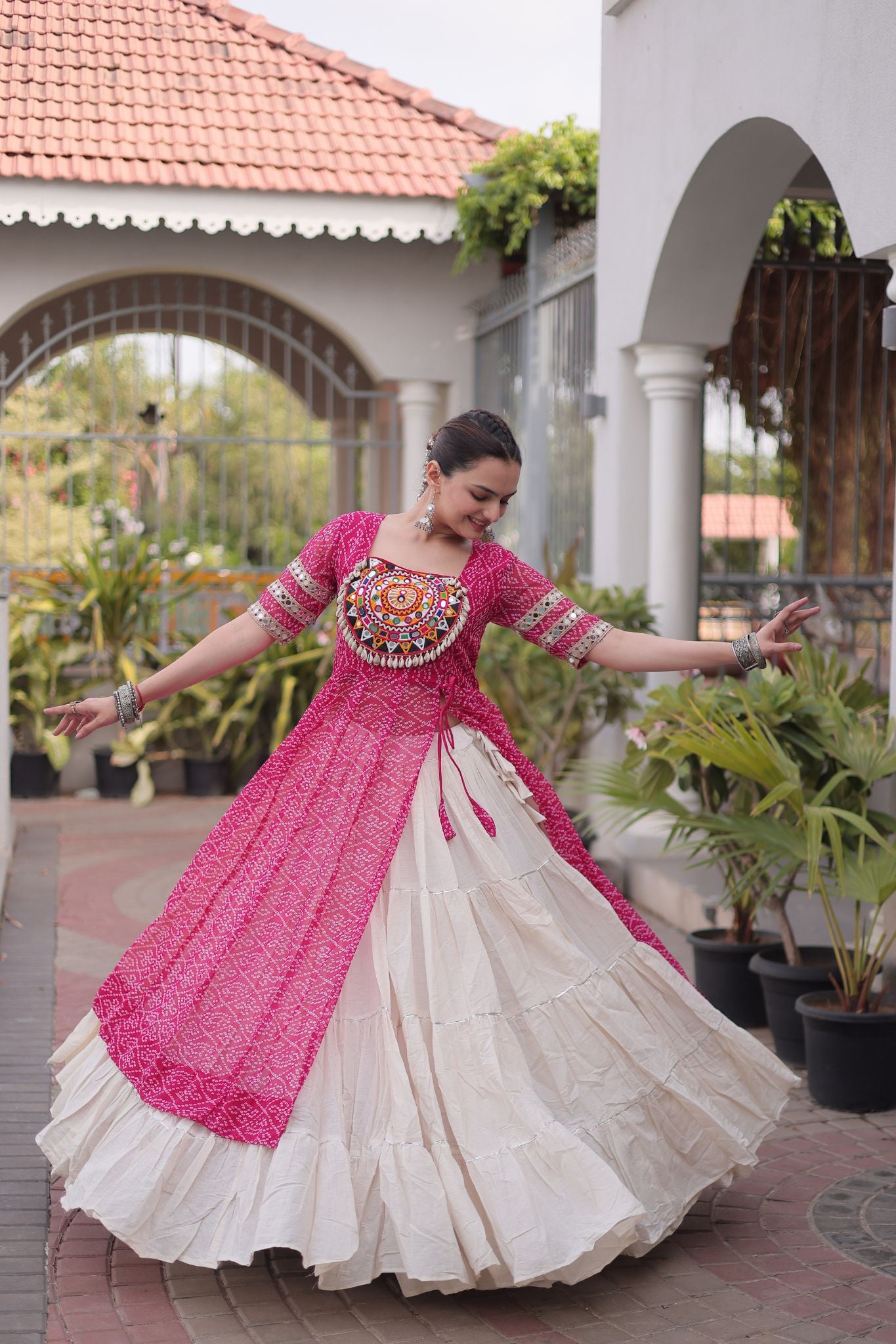 Raasrang Navratri Designer Kora Cotton Lehenga With Kutchi Patchwork Bandhani Print Kurti For Garba & Dandiya
