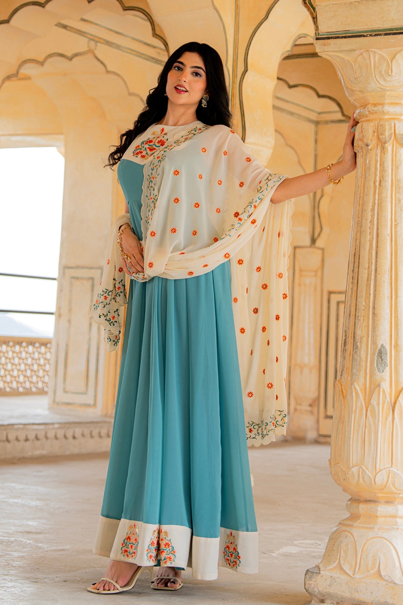 Aqua Ivory Blue Elegance Hand Embroidered Anarkali Set