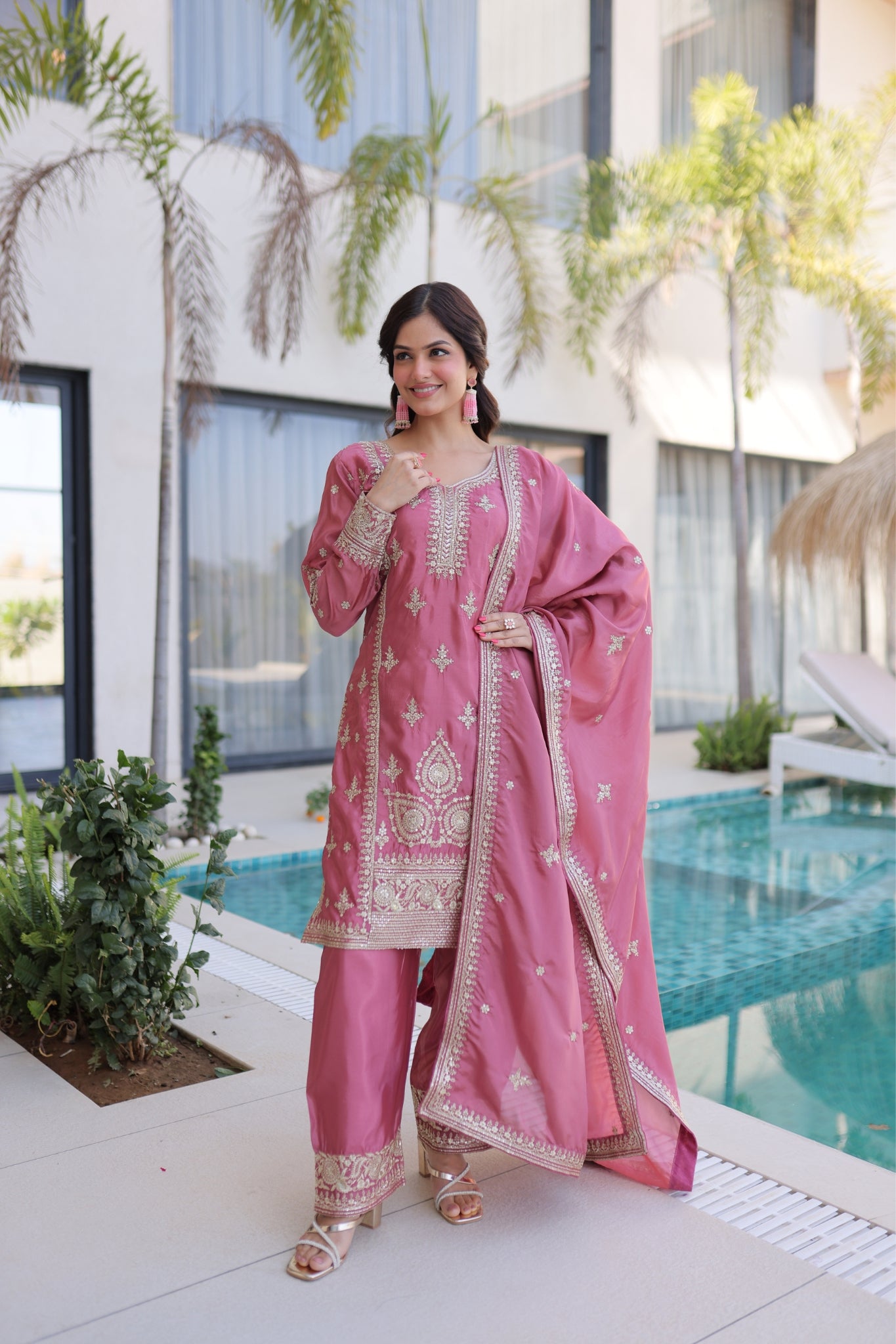 Luxury Ho Silk Designer Multi With Thread Embroidery Suit Set