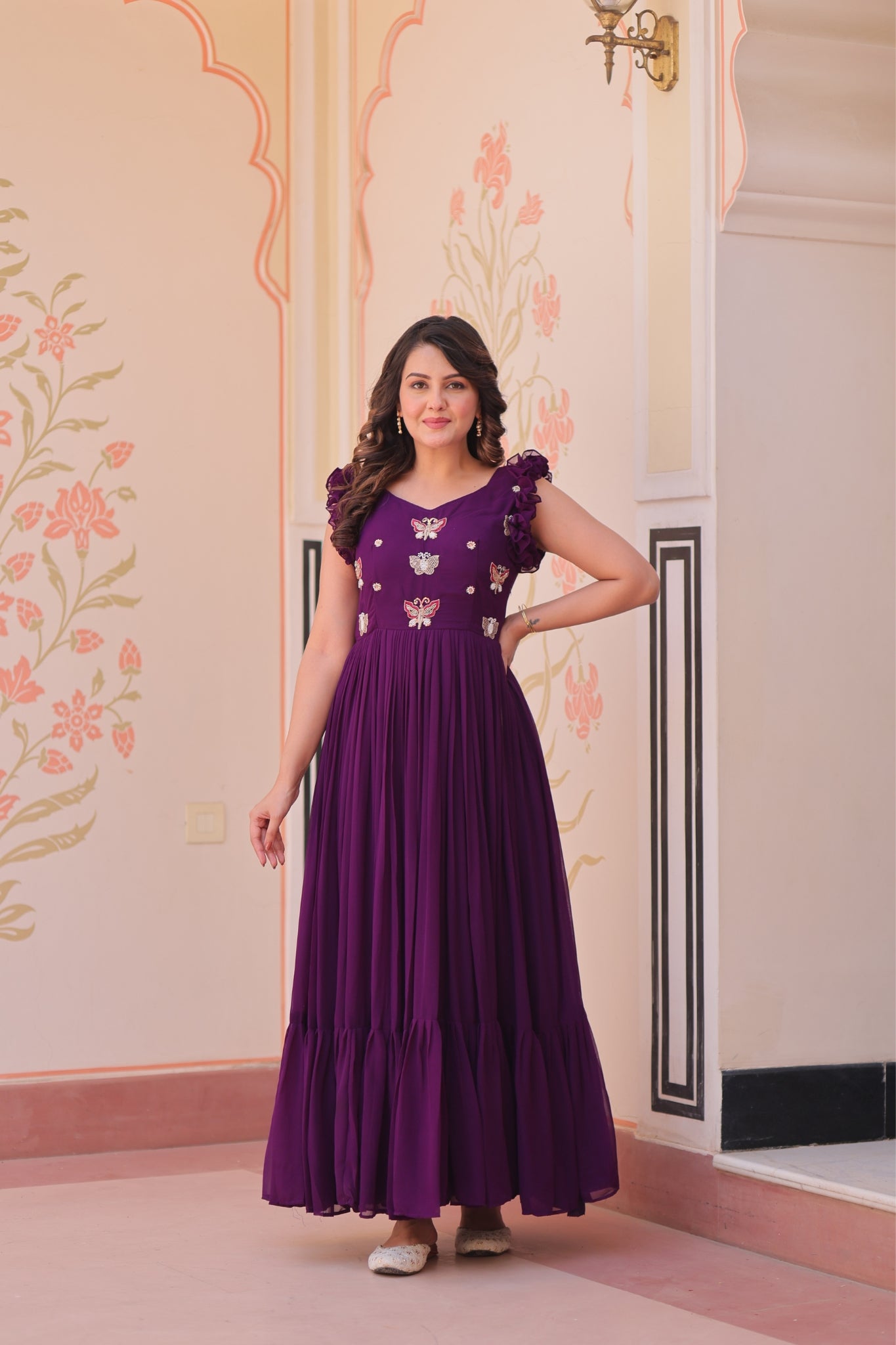Stunning Sequins Multi Tread Beads Embroidered Work Women Gown
