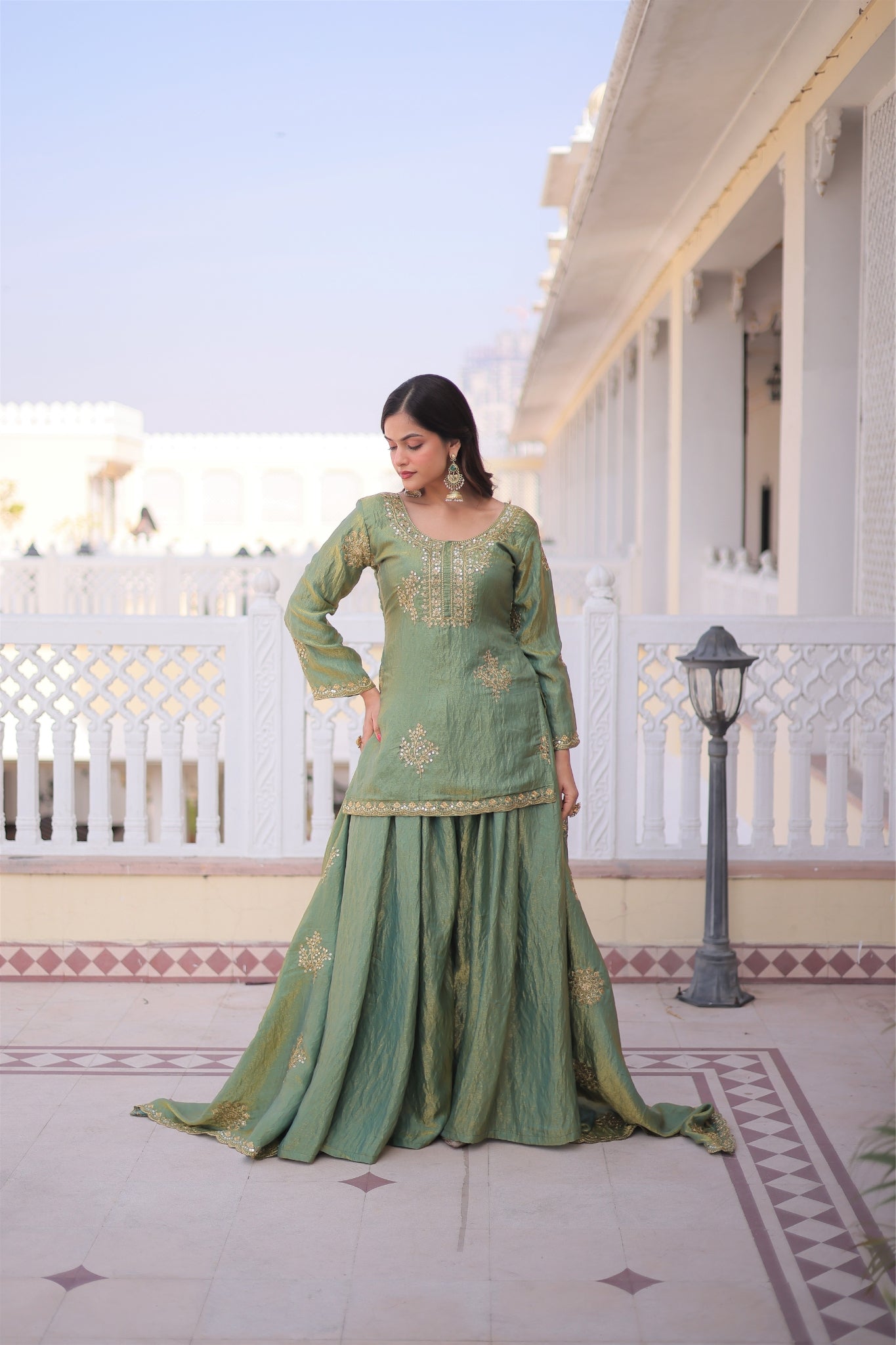 Fendi Crush Zari Sequins Embroidered Kurti Sharara Set With Designer Dupatta