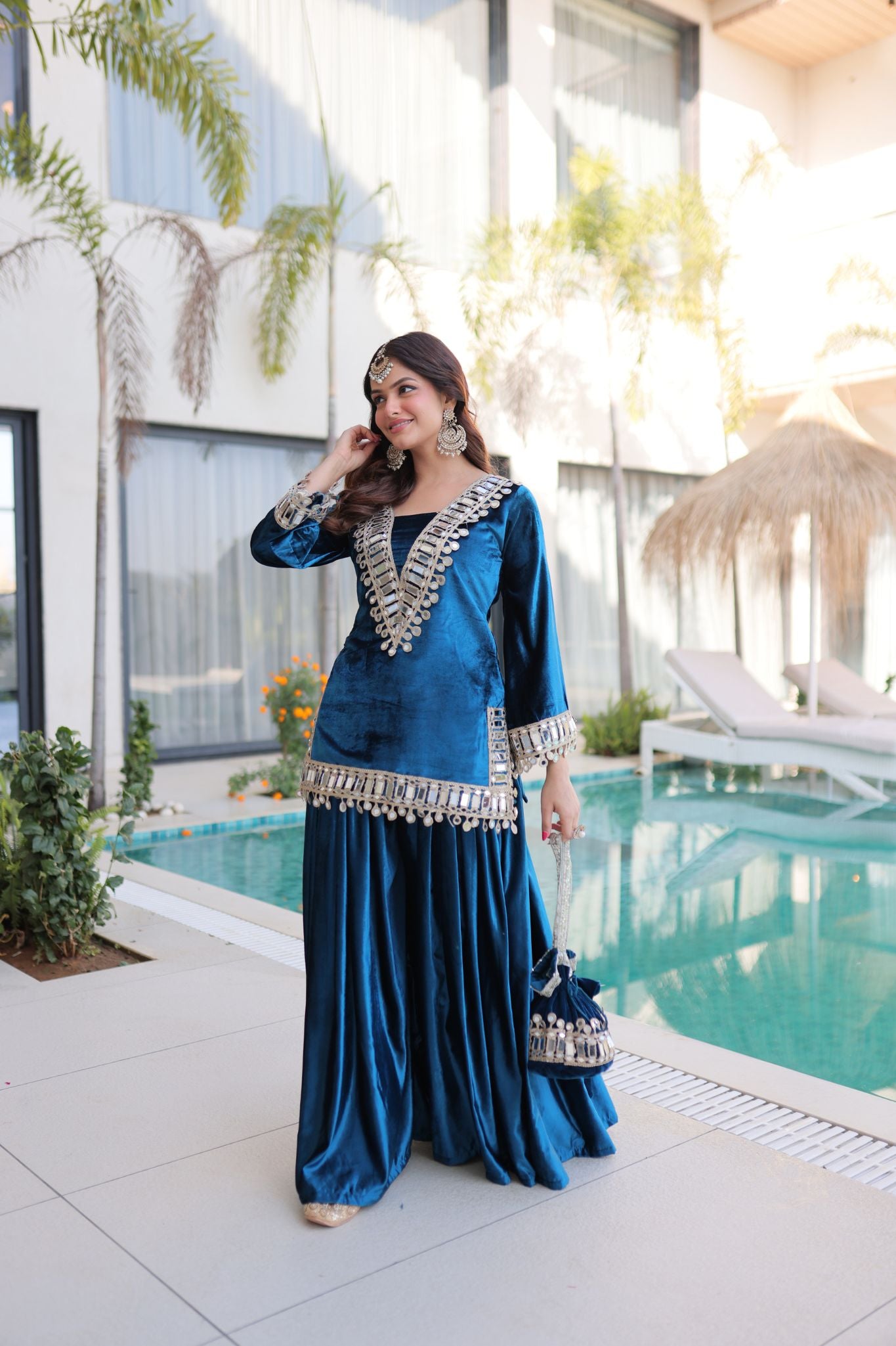 Royal Ice Velvet Zari And Mirror Embroidered Luxury Co Ord Set With Batwa