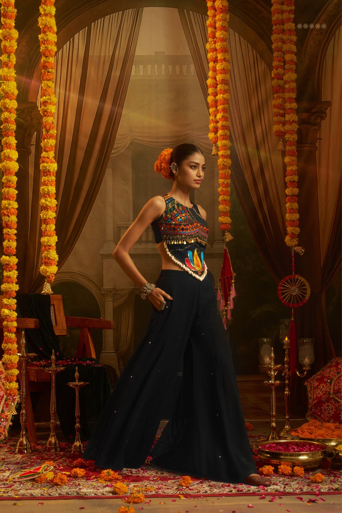 Black Georgette Designer Festive Set With Thread, Mirror And Shell Handwork