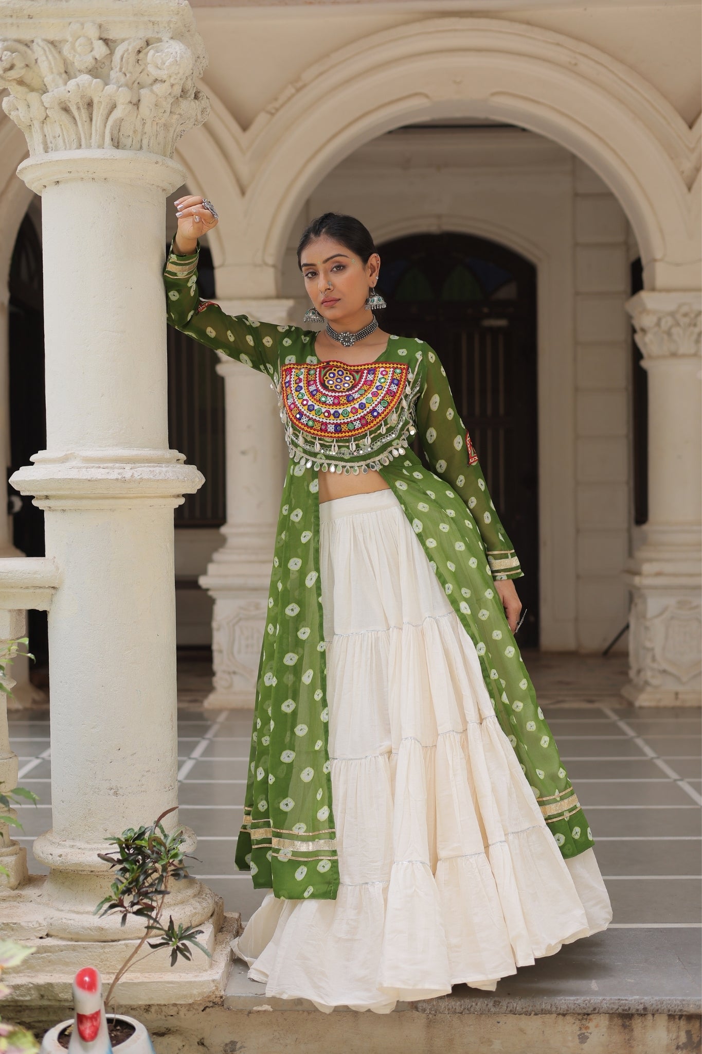 Kora Cotton Stylish Frill Stitching Beautiful Navratri Lehenga With Bandhani Printed Kurti