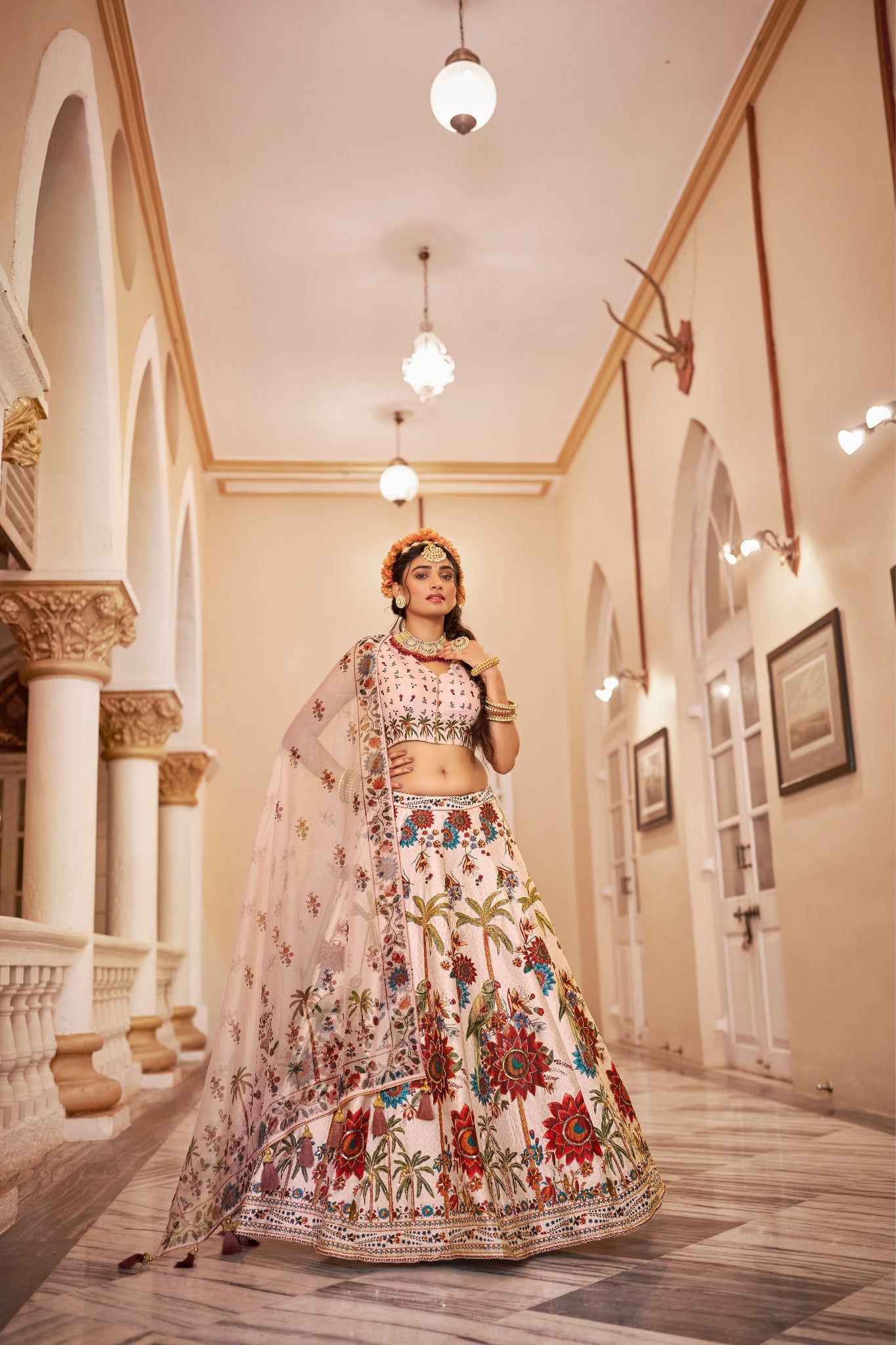 Luxury Heritage Print Art Silk Lehenga Choli With Handwork And Organza Dupatta