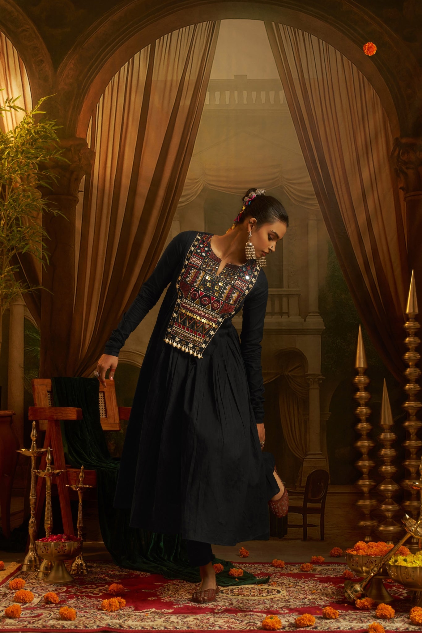 Black Anarkali Kurta Set with Hand Embroidery, Mirror Work Yoke & Cowrie Shell Detailing