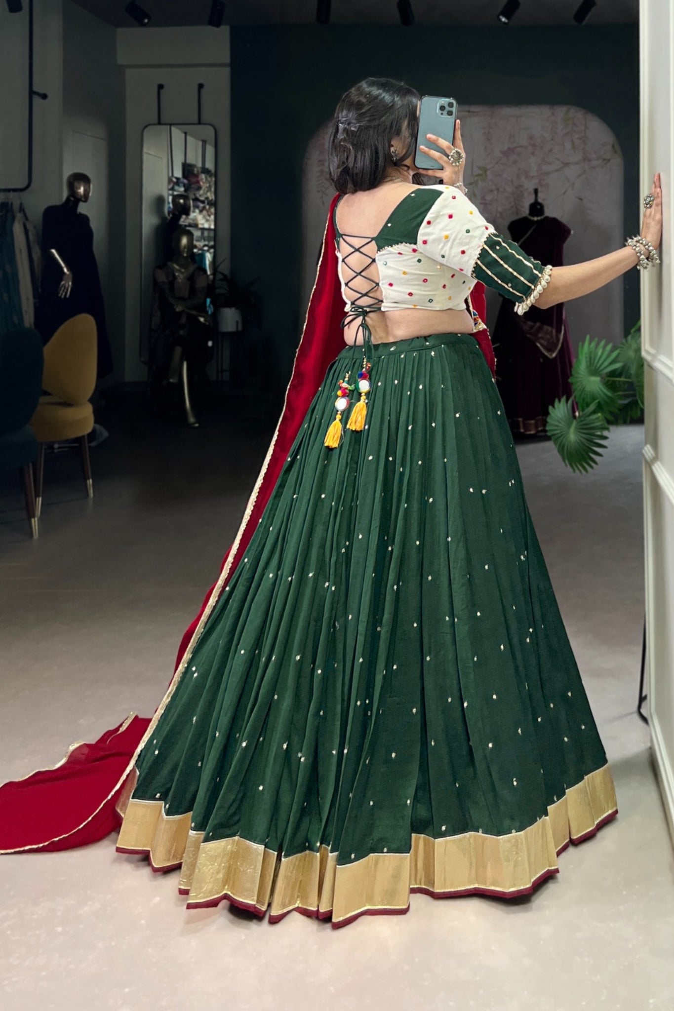 Green Sequins Thread Embroidered Embossed Designer Navratri Lehenga Choli