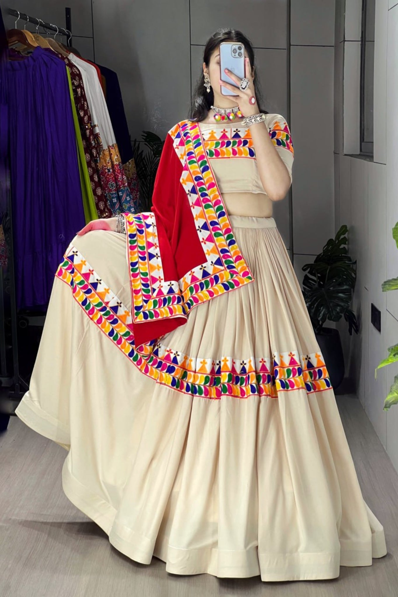 Designer Cream Navratri Lehenga Choli With Multicolor Gamthi Work And Red Rayon Cotton Dupatta