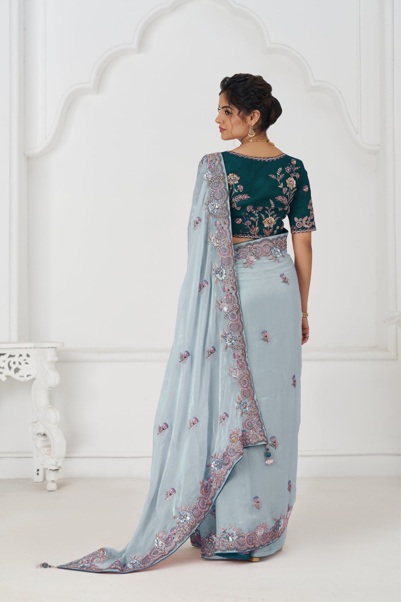 Stunning Wedding Designer Grey Pure Fendi Silk Saree
