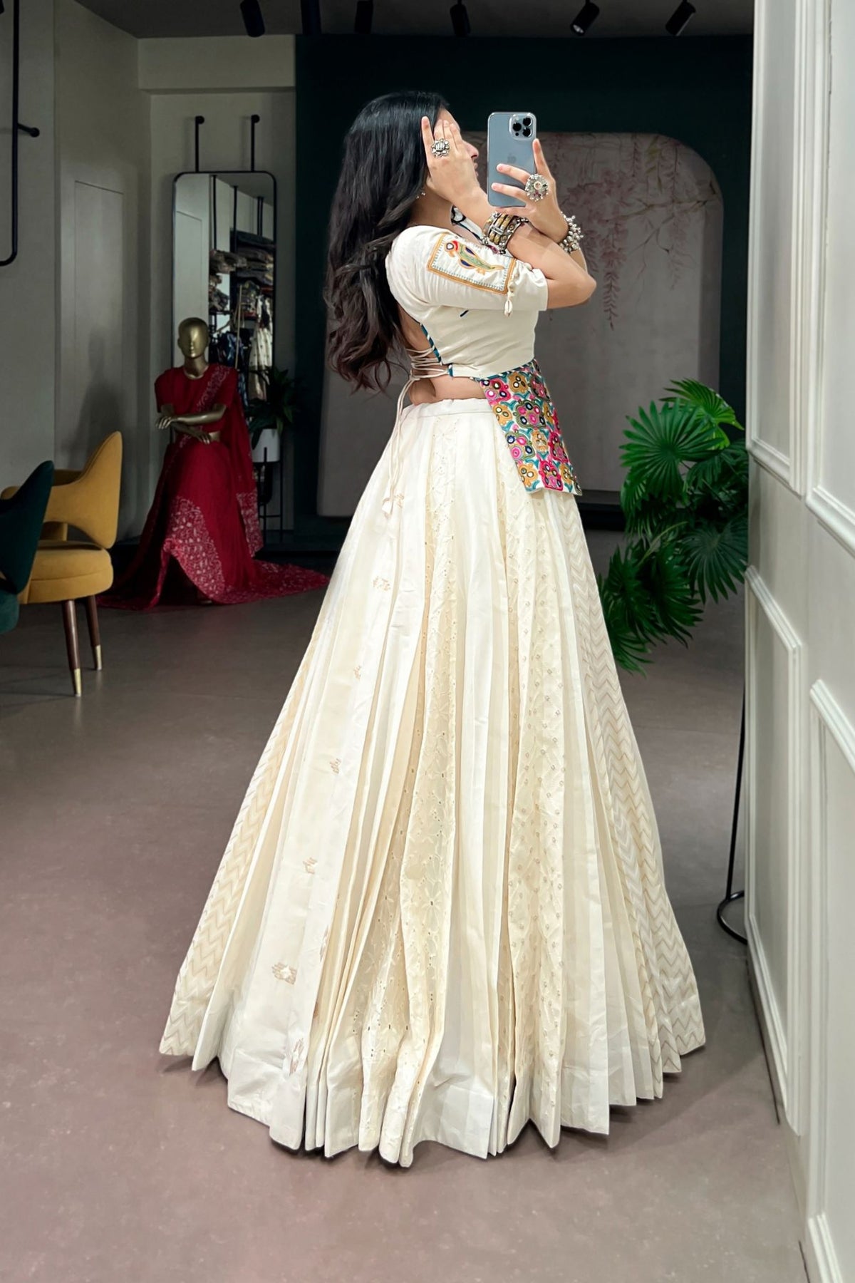 Off-White Cotton Designer Gamthi Work Navratri Lehenga Choli