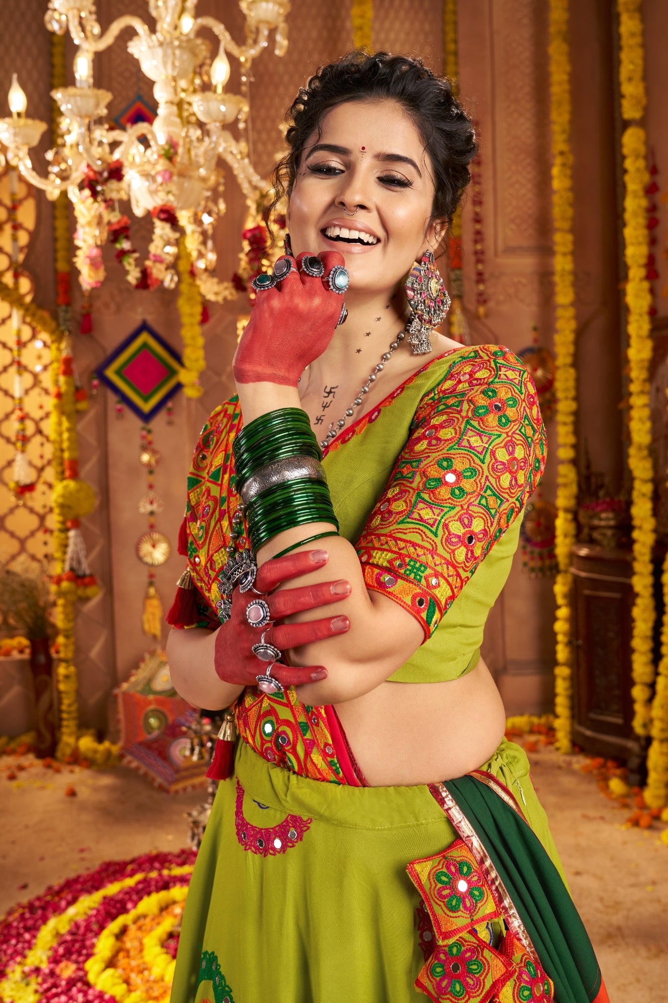 Viscose Cotton Elegant Thread Embroidered With Mirror Work Traditional Navratri Lehenga Choli
