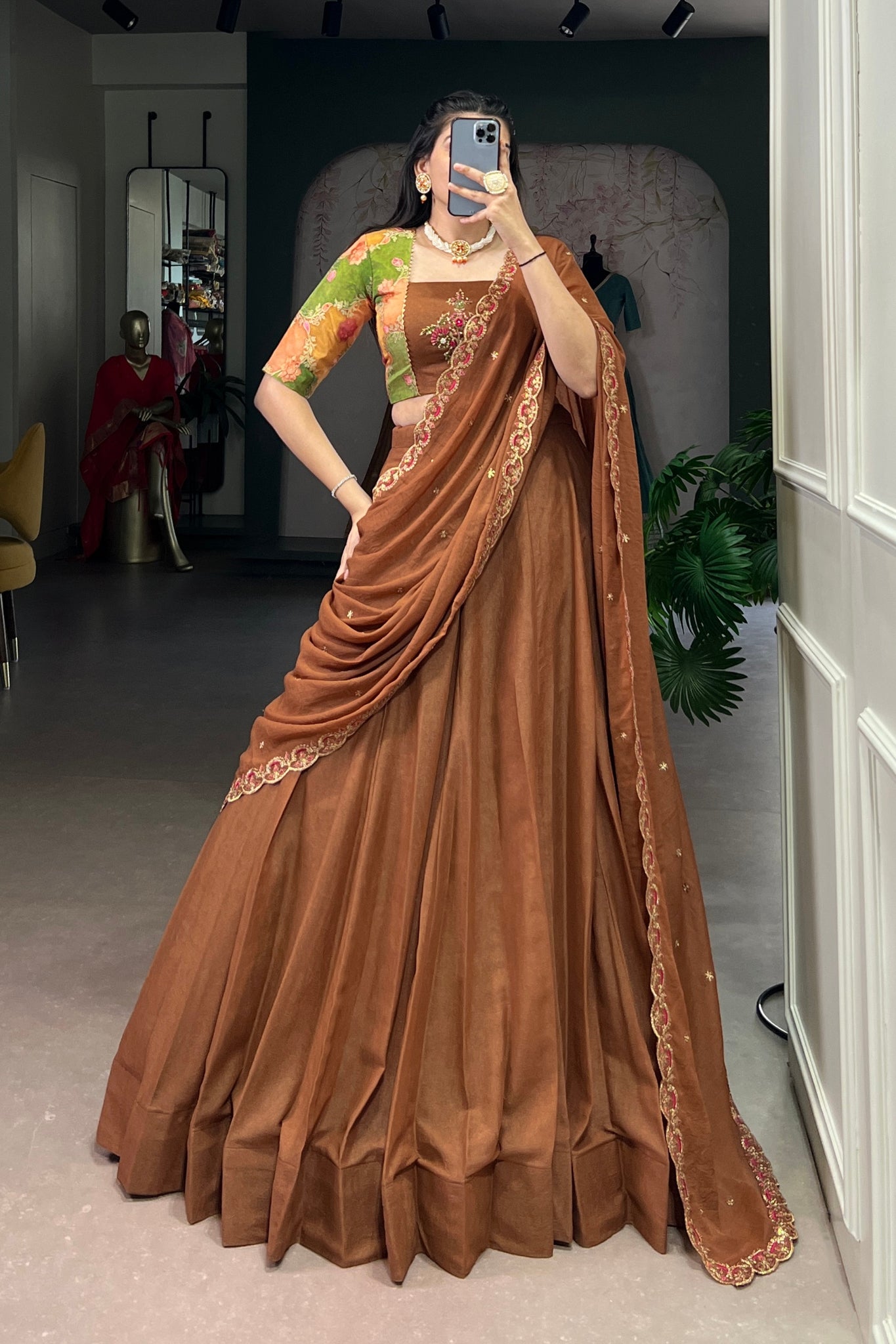 Luxury Chocolate Crush Designer Lehenga Set With Handcrafted Gotta Patti Blouse And Embroidered Dupatta