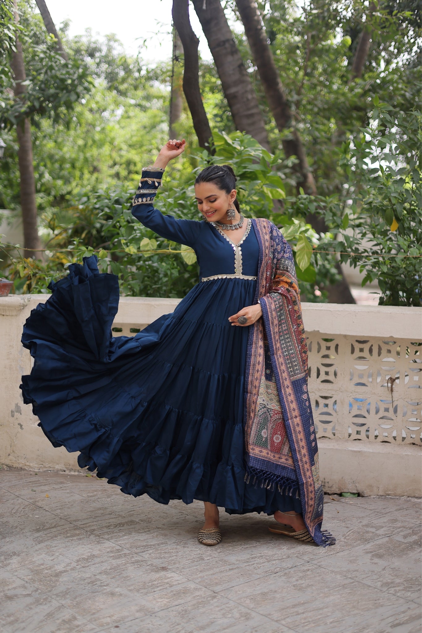 Beautiful Frill Stitching Designer Festival And Wedding Gown And Dupatta Set