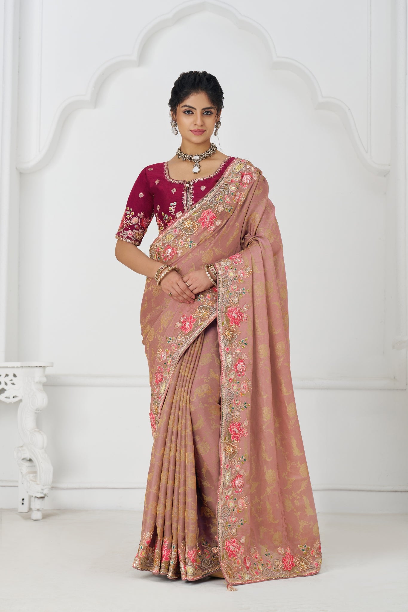 Stunning Peach Pure Dola Viscose Silk Stylish Wedding Saree