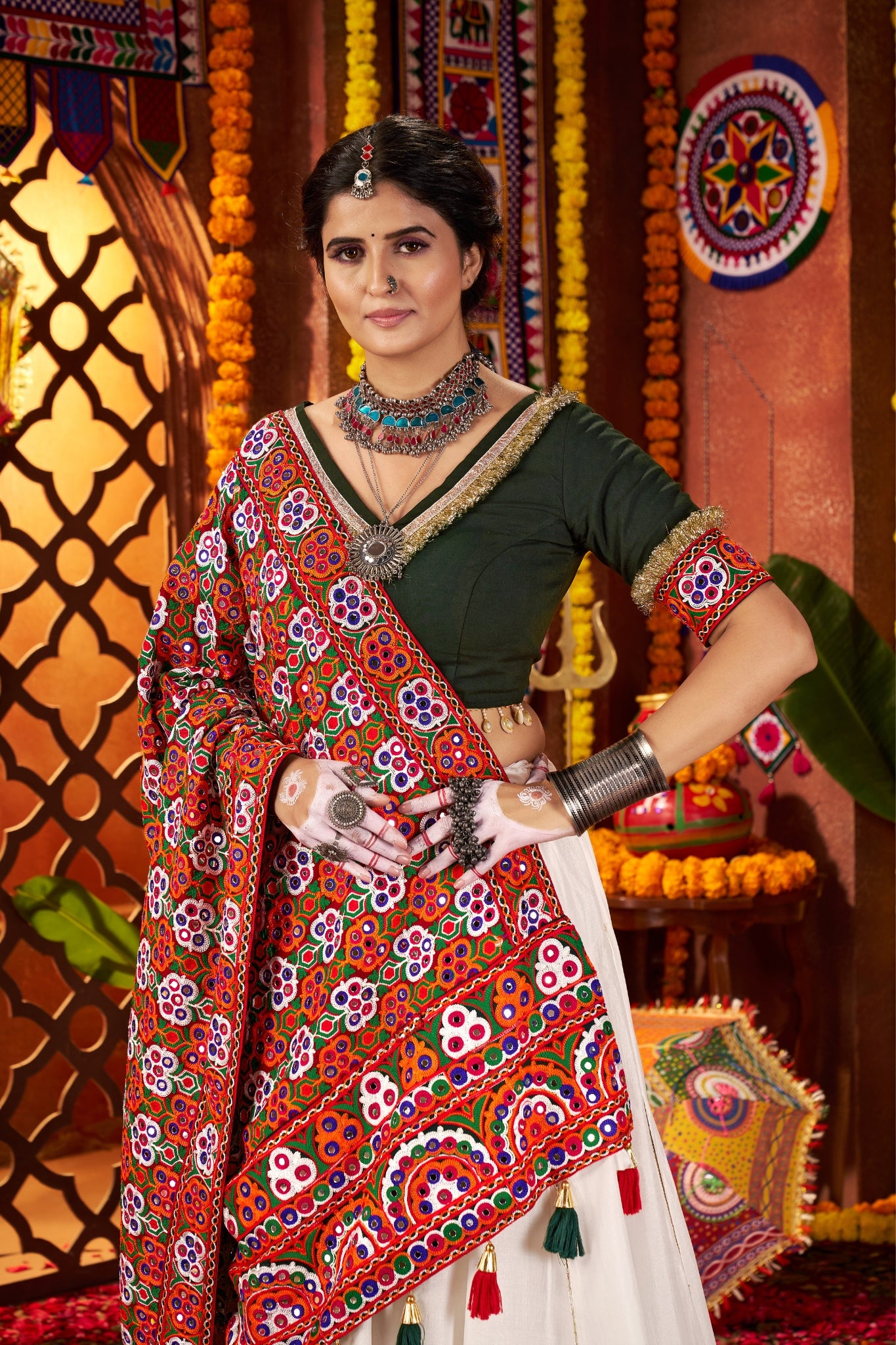 Beautiful White Designer Silk Navratri Special Lehenga Choli Set