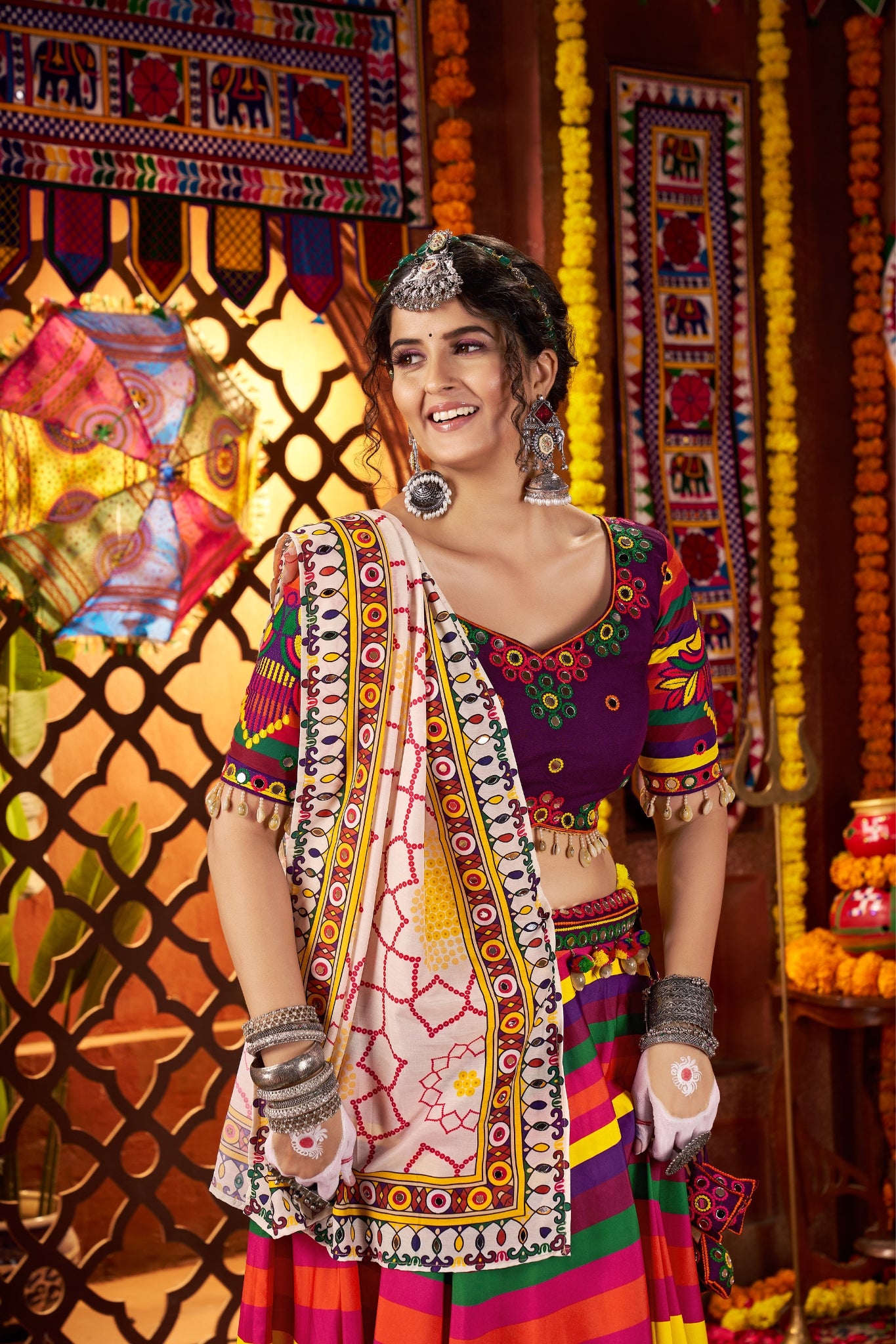 Multi Color Muslin Designer Stunning Print With Mirror Work Navratri Lehenga Choli