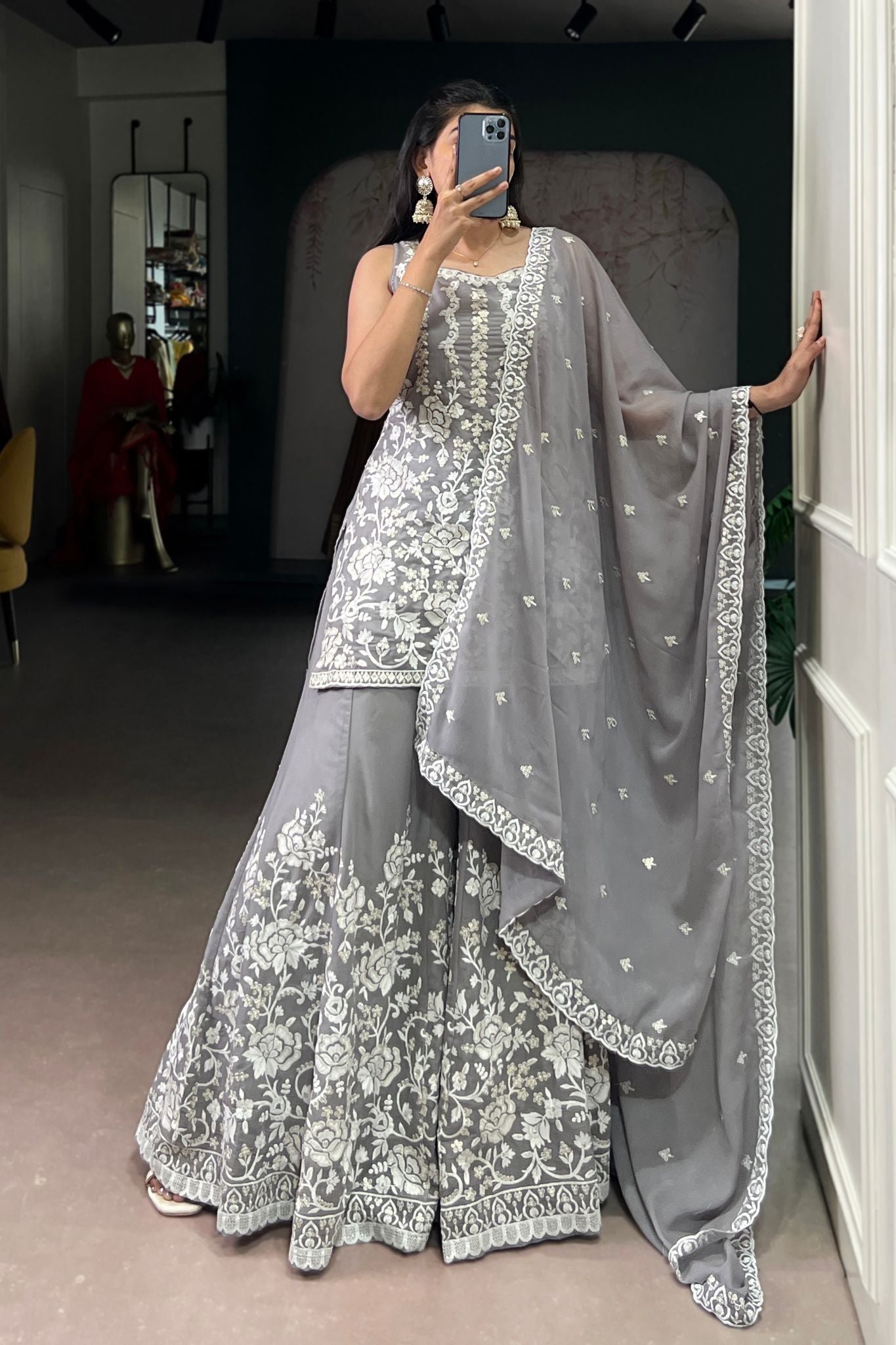 Designer Star Georgette Suit Sequins Thread Embroidery Work Set