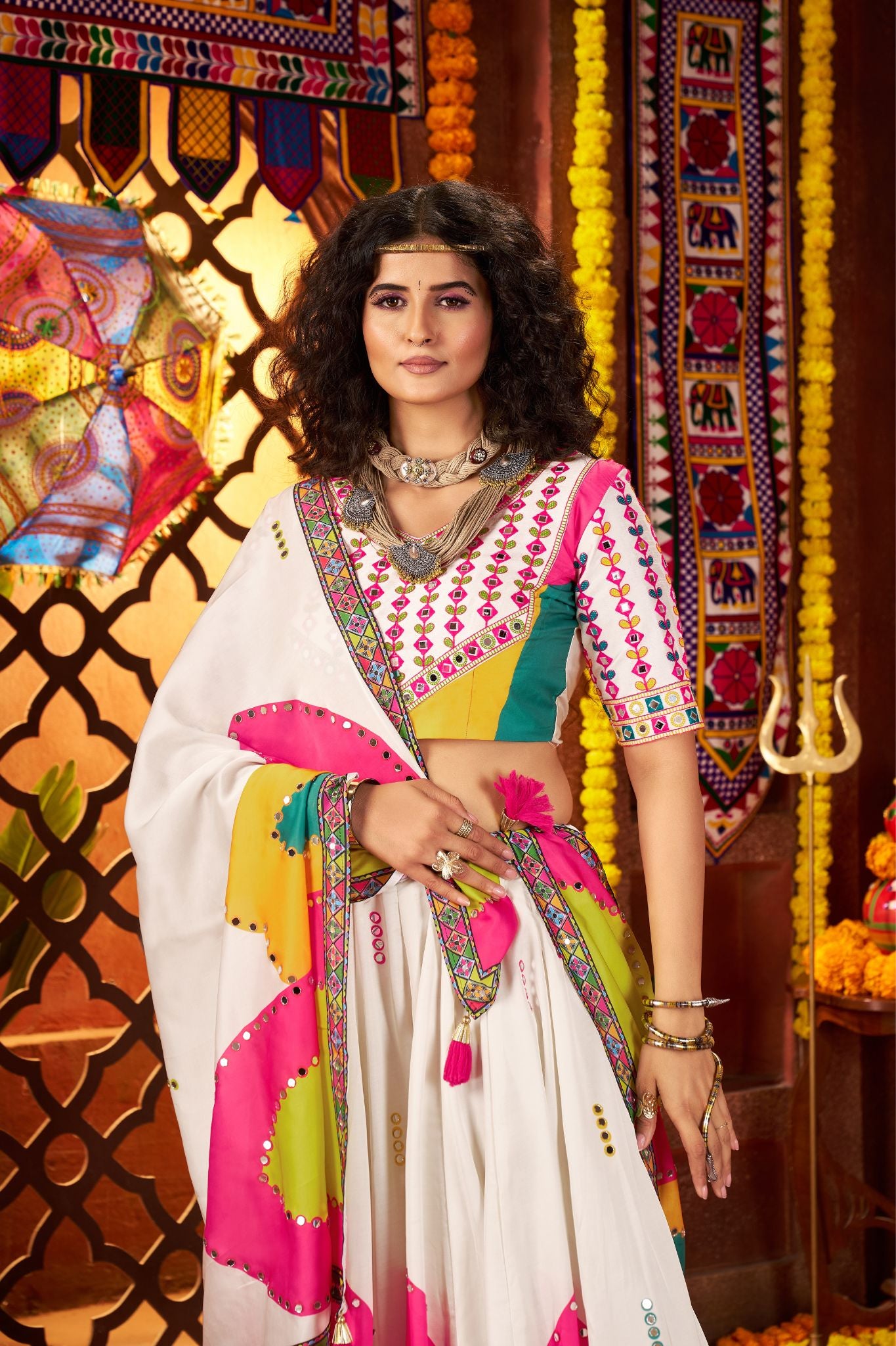 Designer White Lehenga Choli For Navratri With Mirror And Hand Embroidery Work