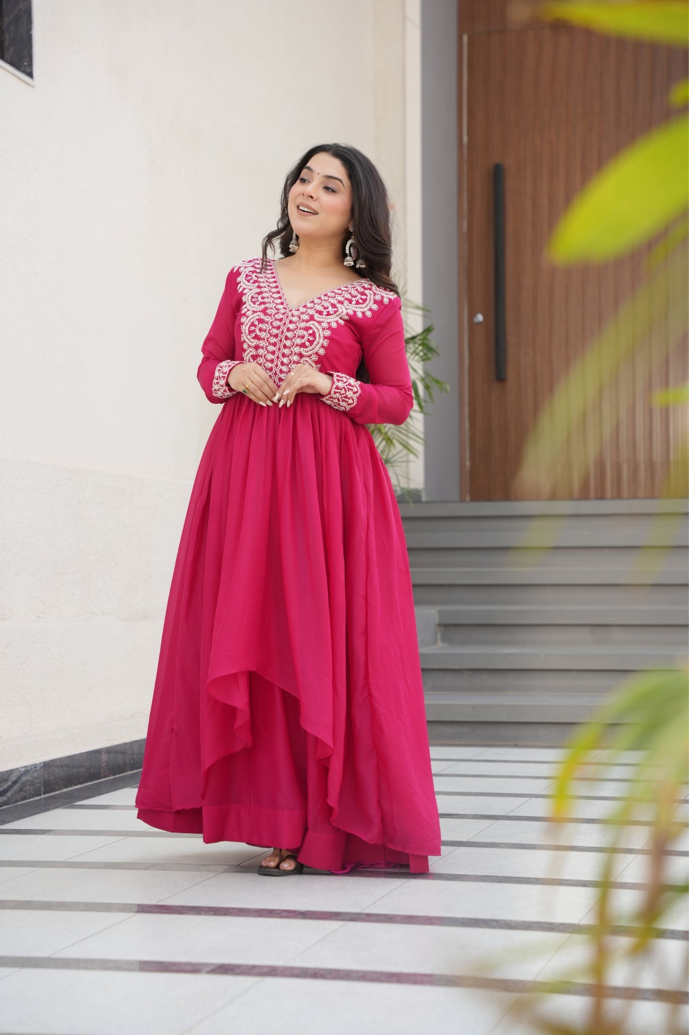 Georgette Embroidered Beads Sequins Work Double Flair Wedding Stylish Gown