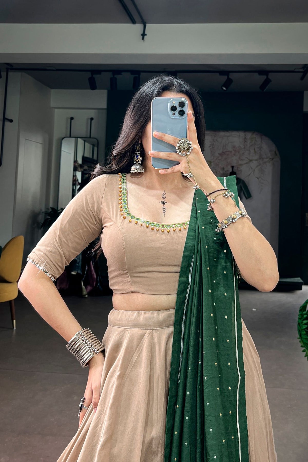 Raasrang Beige Chanderi Designer Navratri Lehenga Choli For Women