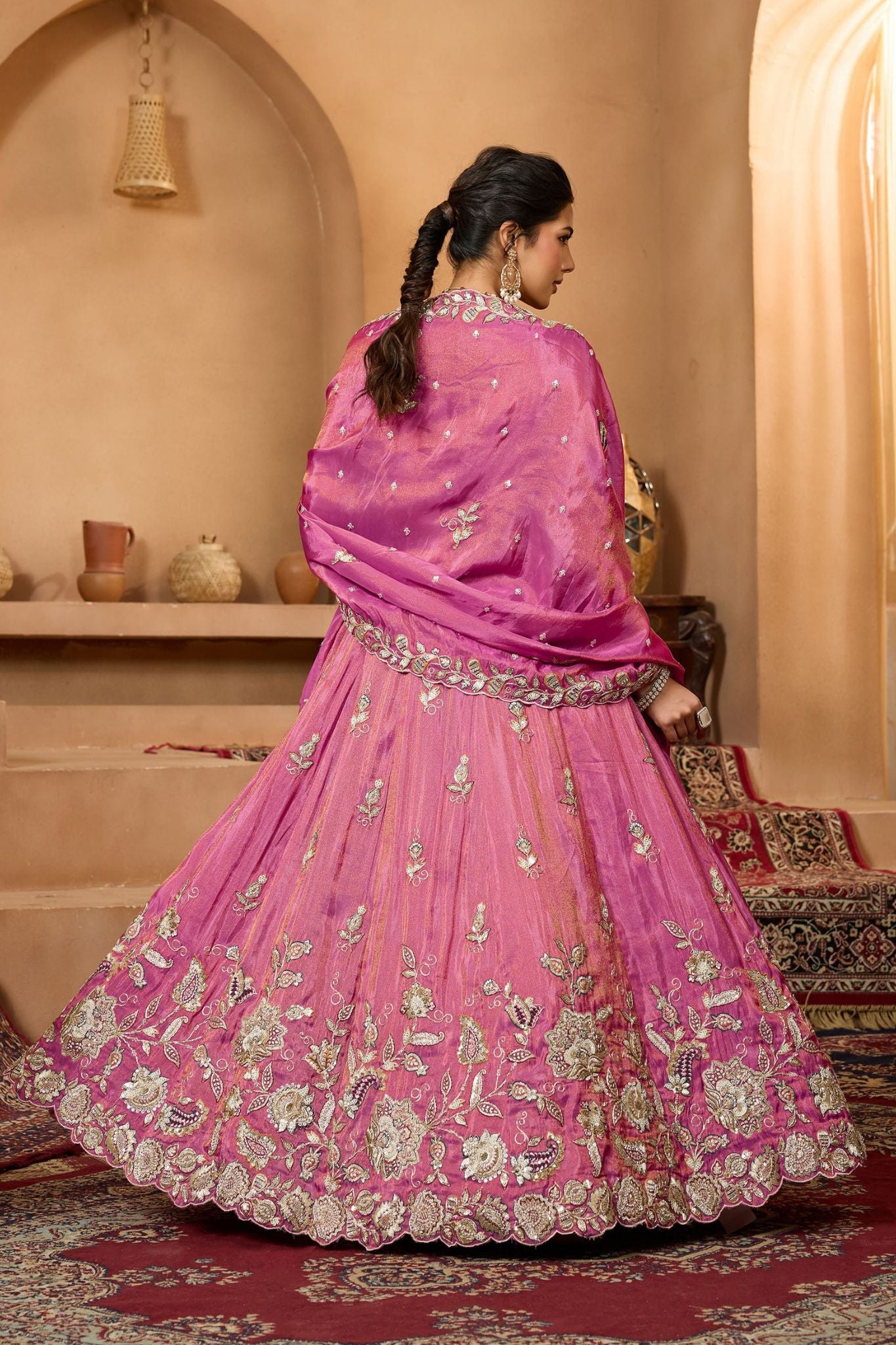 Rani Pink Pure Tissue Designer Lehenga Choli With Heavy Sequins & Thread Embroidery Work