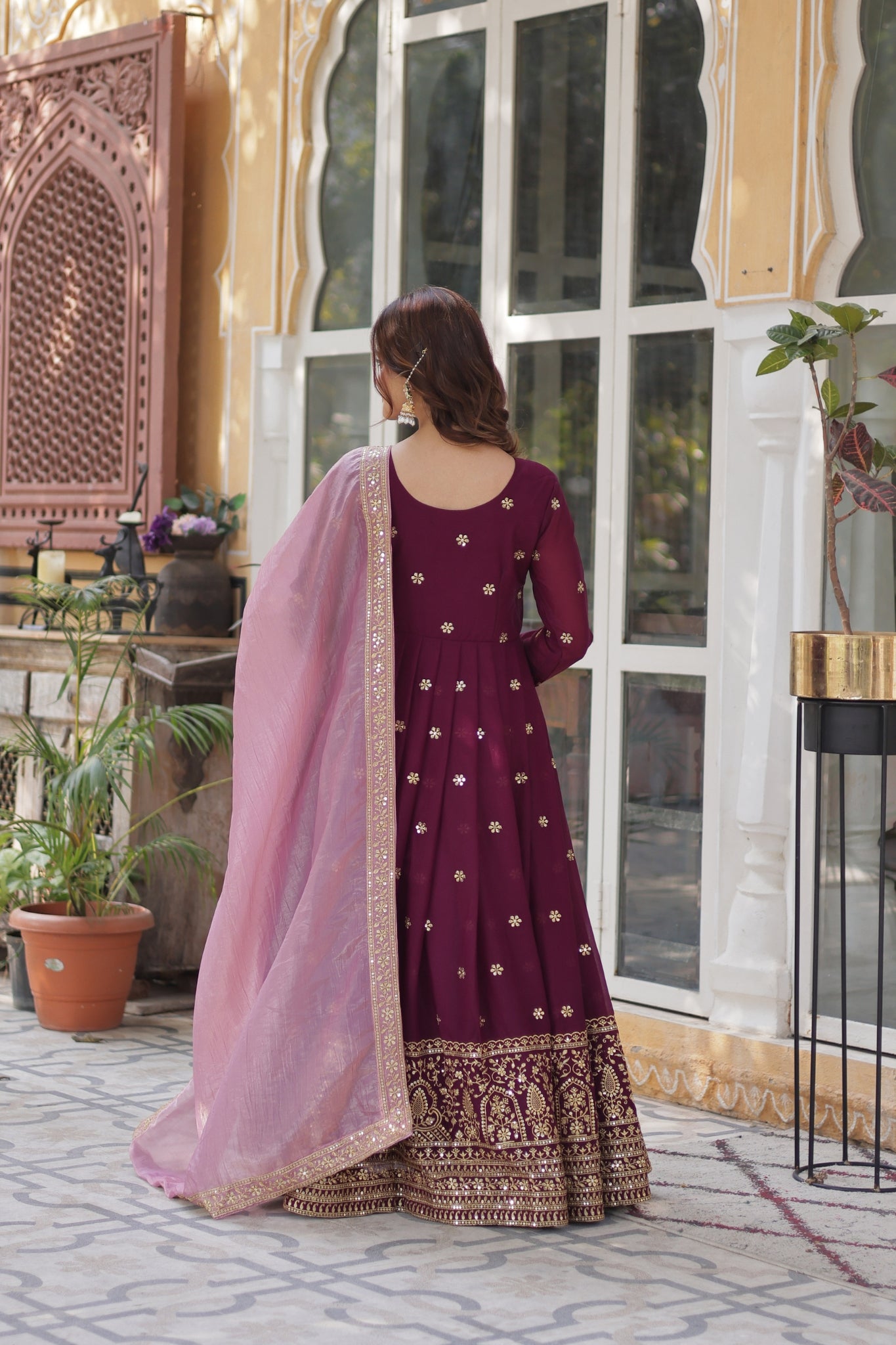 Plum Embroidered Georgette Anarkali Set