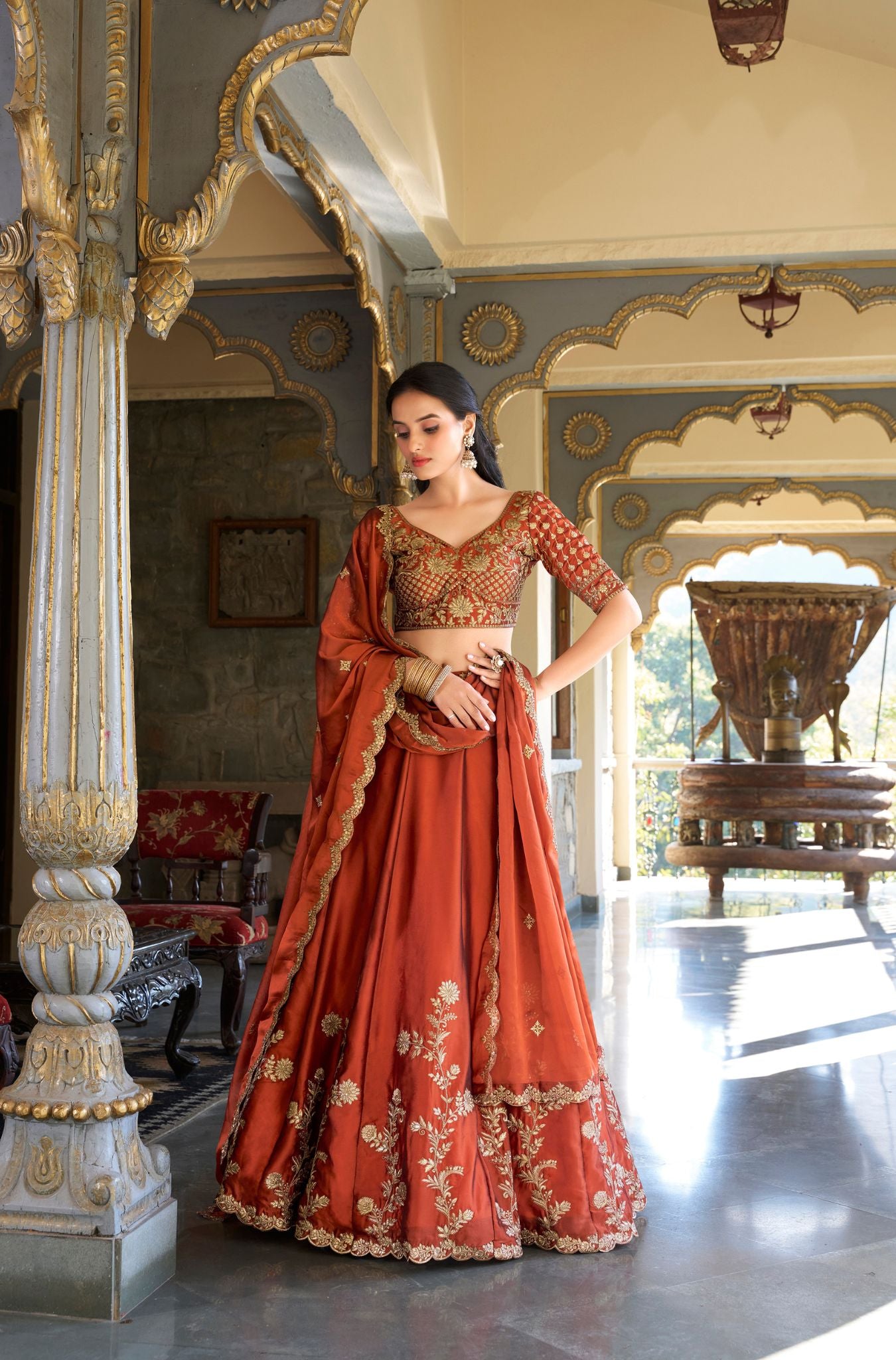 Orange Color Rangoli Silk Sequins And Thread Embroidery Work Lehenga Choli For Woman