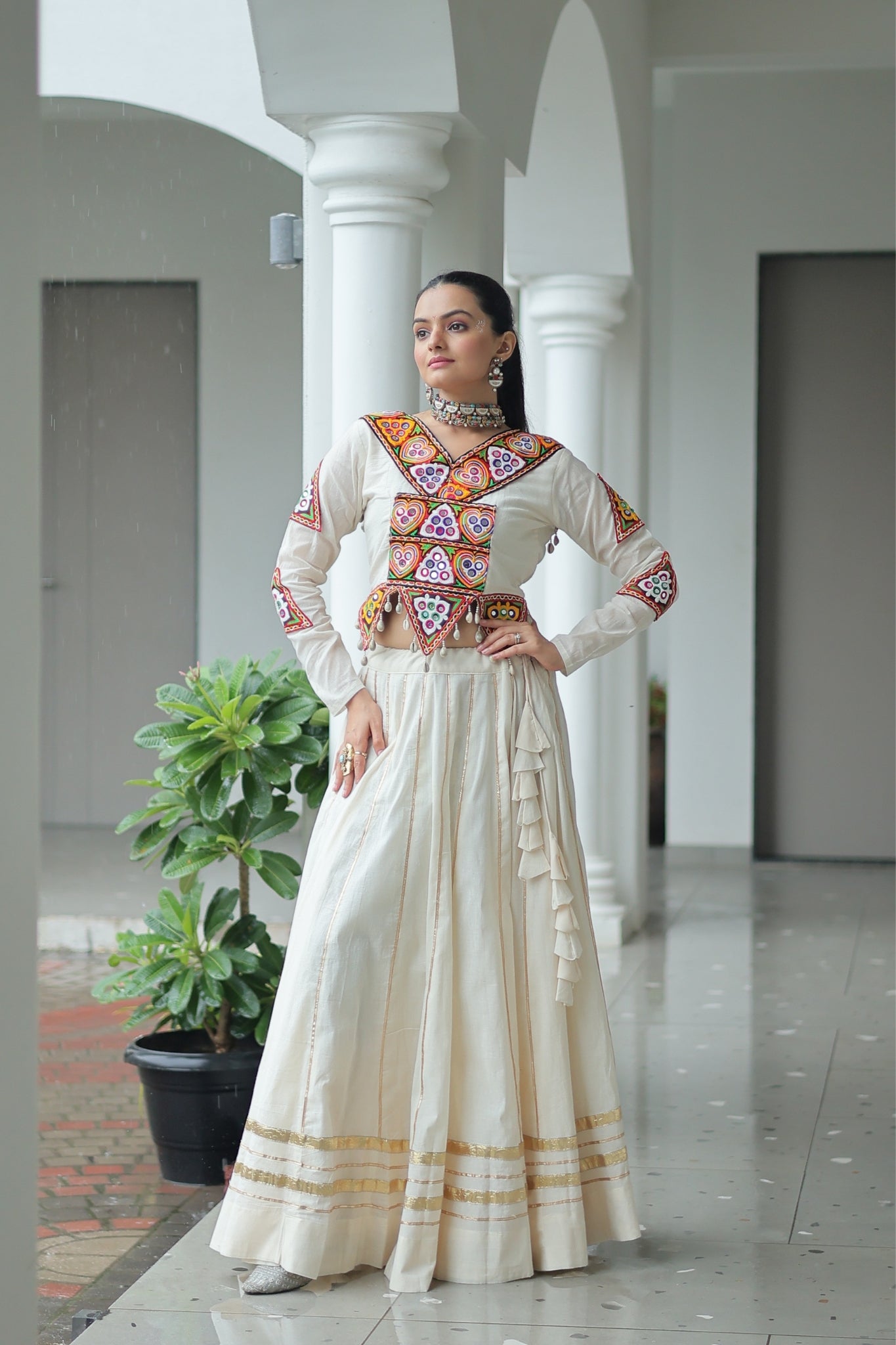 Off White Cotton Kutchi Gamthi Work With Gota Patti Lace Touch up Navratri Designer Lehenga choli