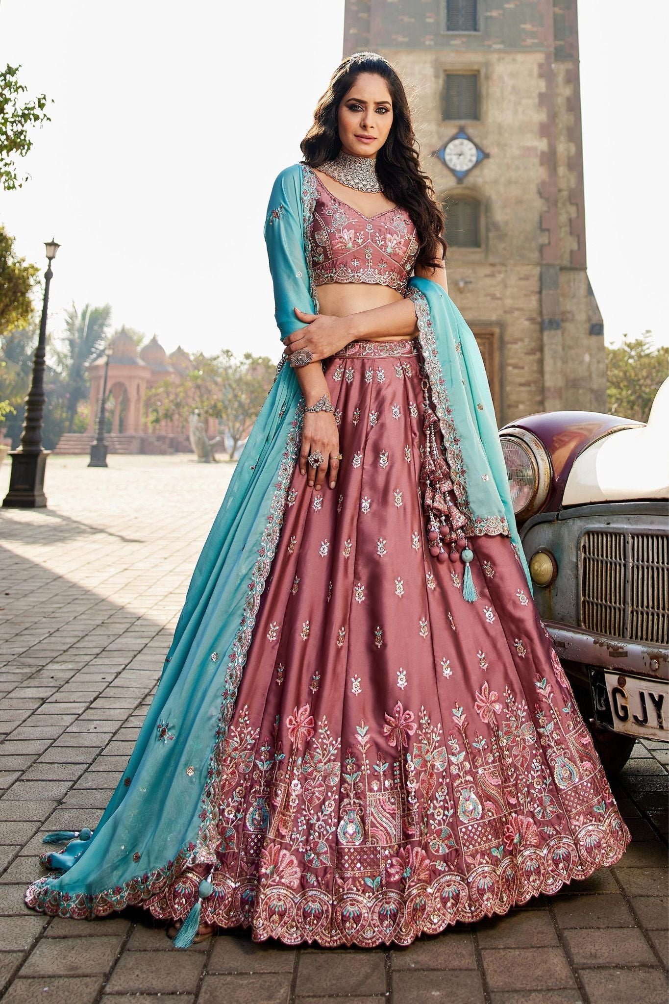 Dusty Rose Rangoli Silk Designer Lehenga Choli With Aqua Blue Embroidered Dupatta