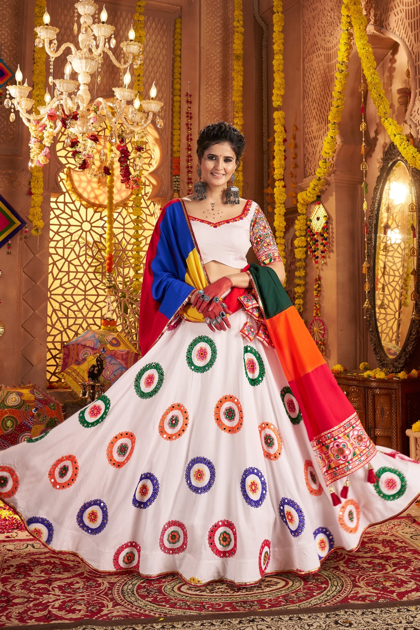 Viscose Cotton Elegant Thread Embroidered With Mirror Work Traditional Navratri Lehenga Choli