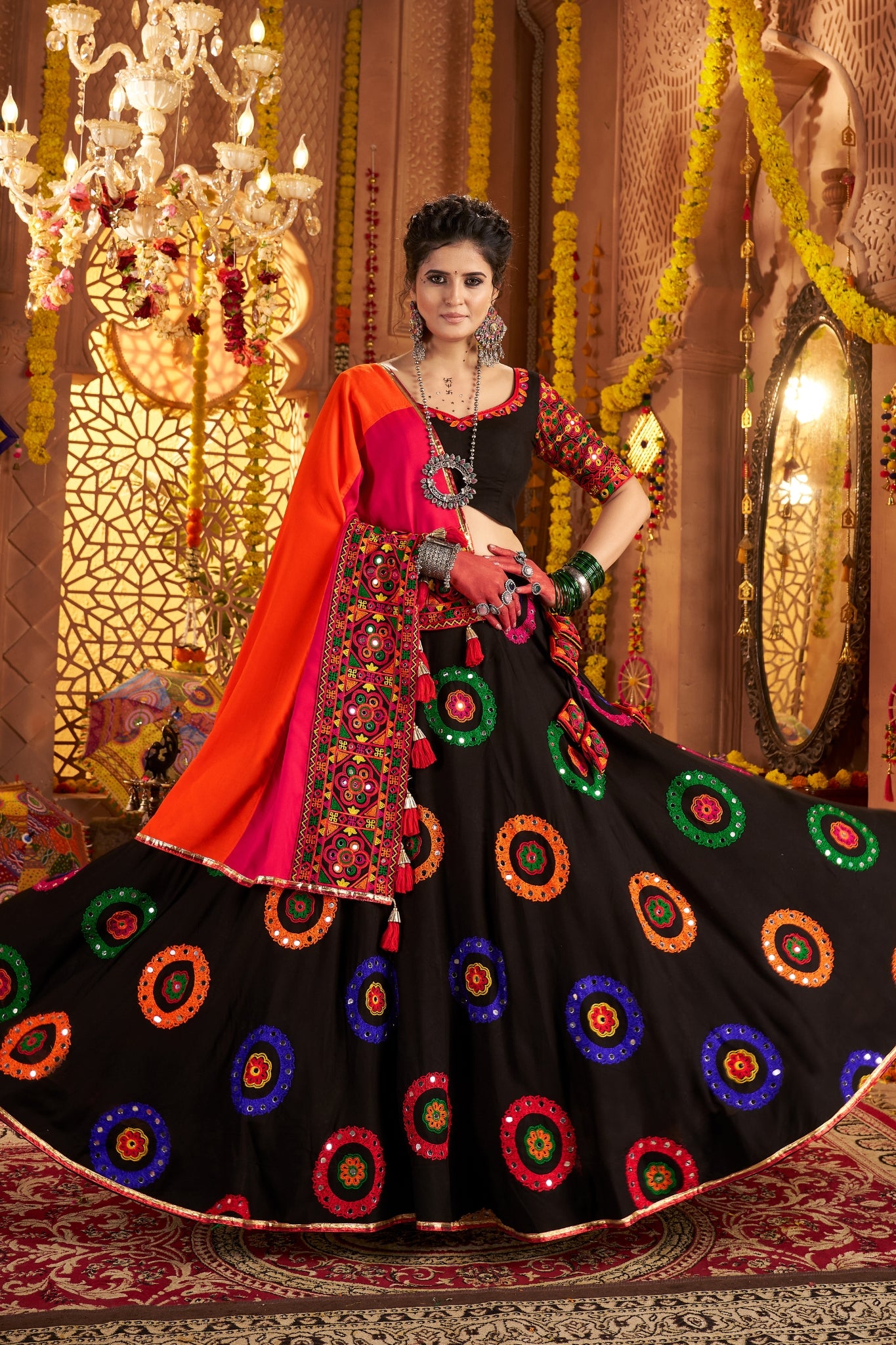 Viscose Cotton Elegant Thread Embroidered With Mirror Work Traditional Navratri Lehenga Choli
