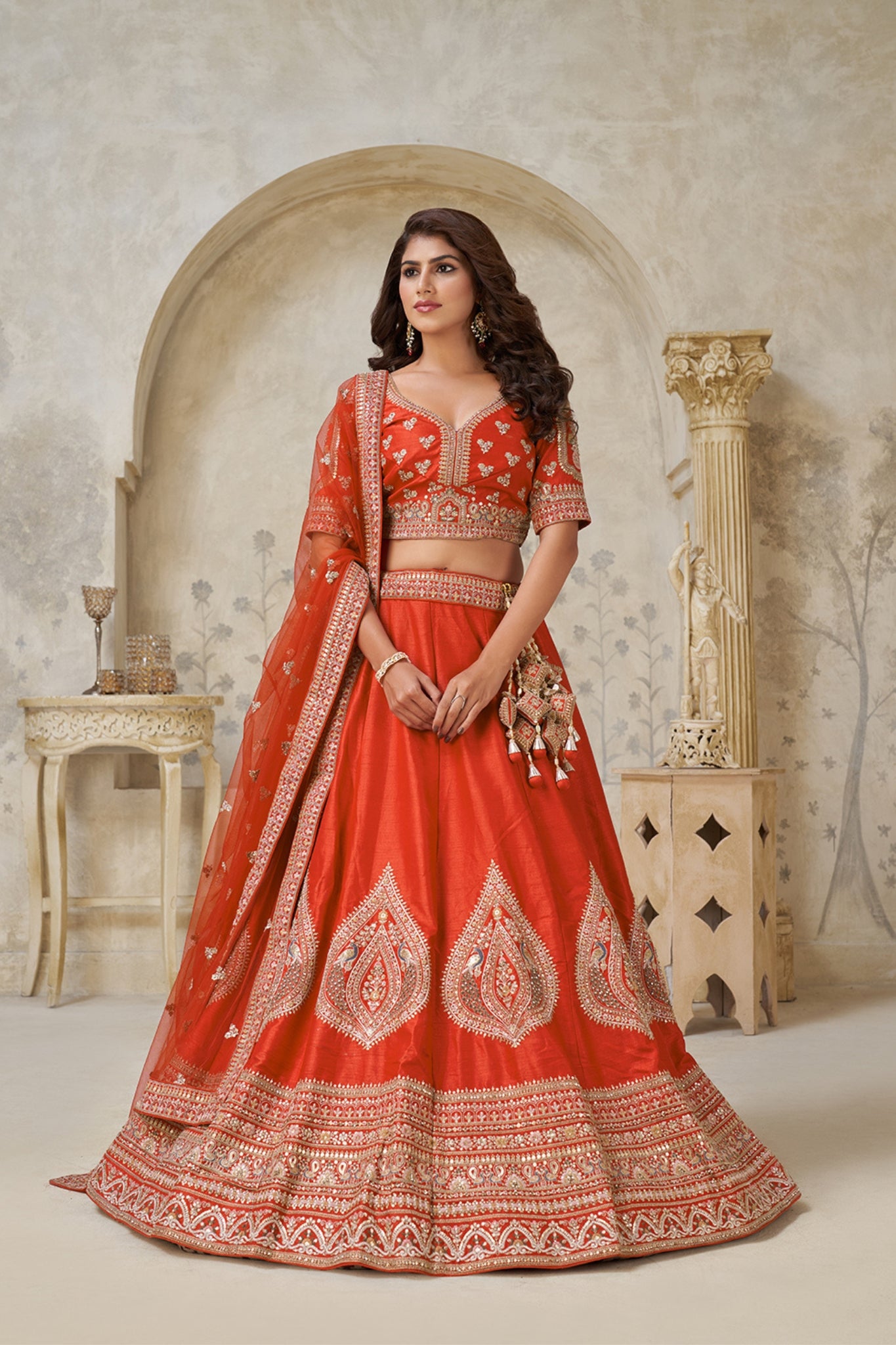 Crimson Elegance Minimalist Peacock And Leaf Motif Bridal Lehenga