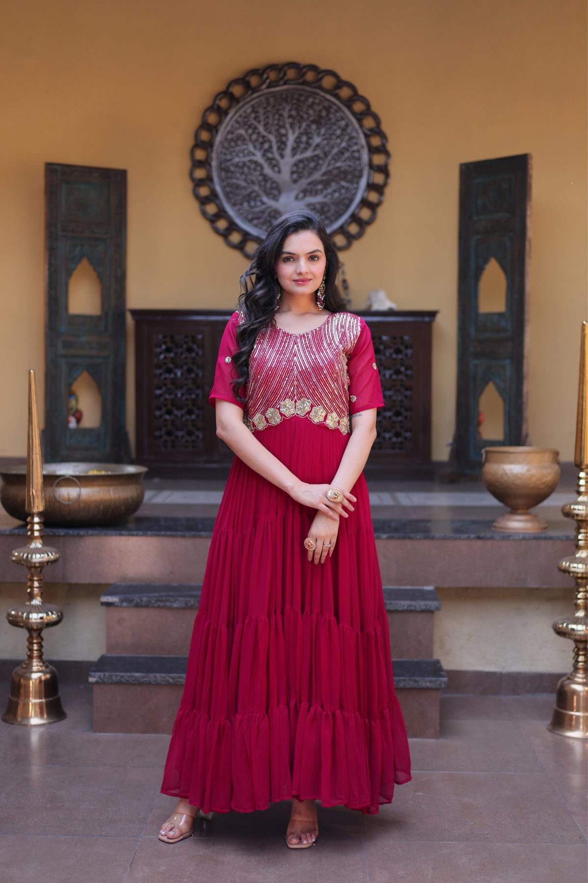 Rani Pink & Red Faux Blooming Designer Sequins Embroidered Tiered Flared Anarkali Gown