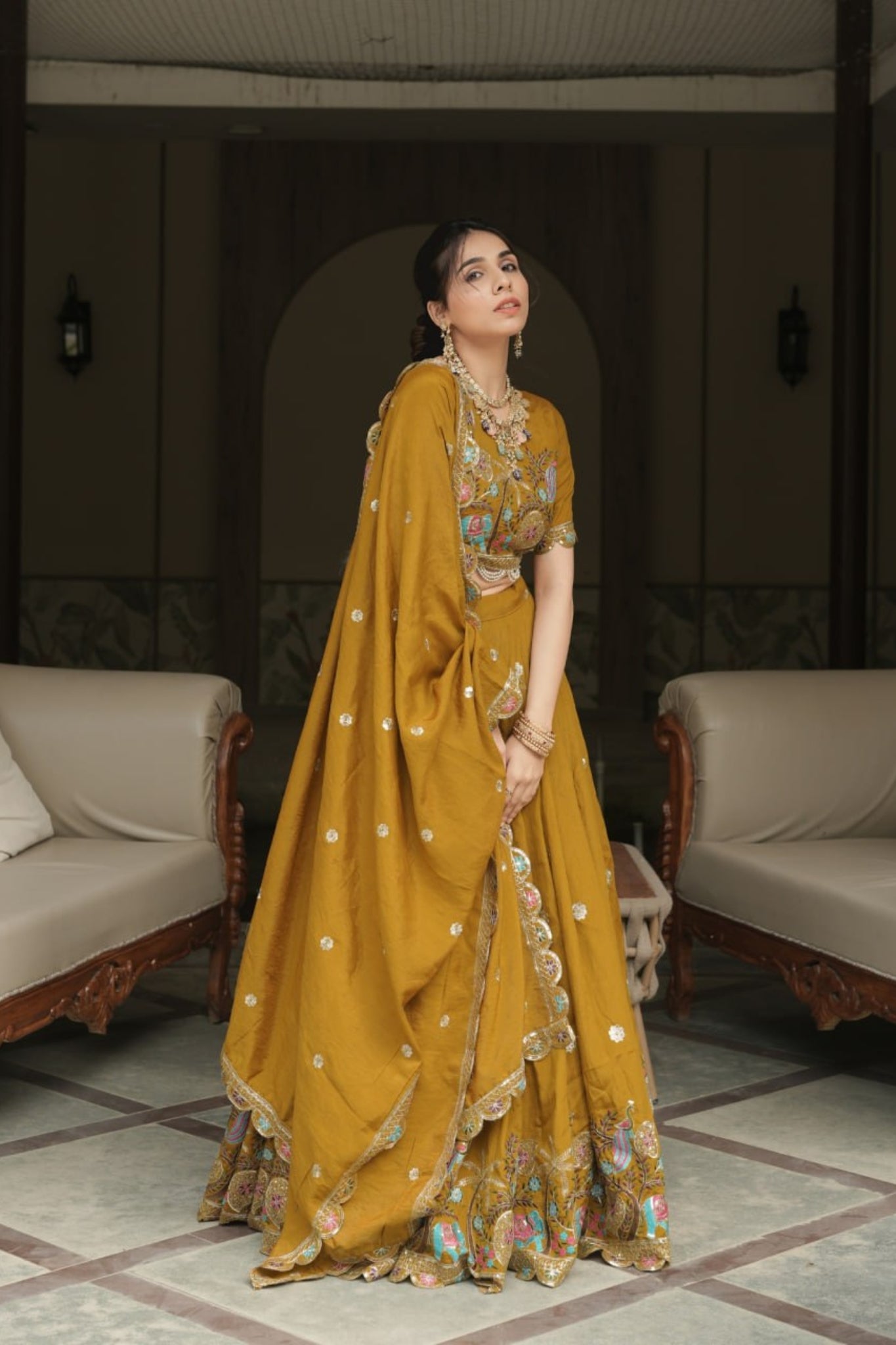 Royal Mustard Haldi Designer Lehenga Choli With Multicolor Embroidery And Designer Dupatta