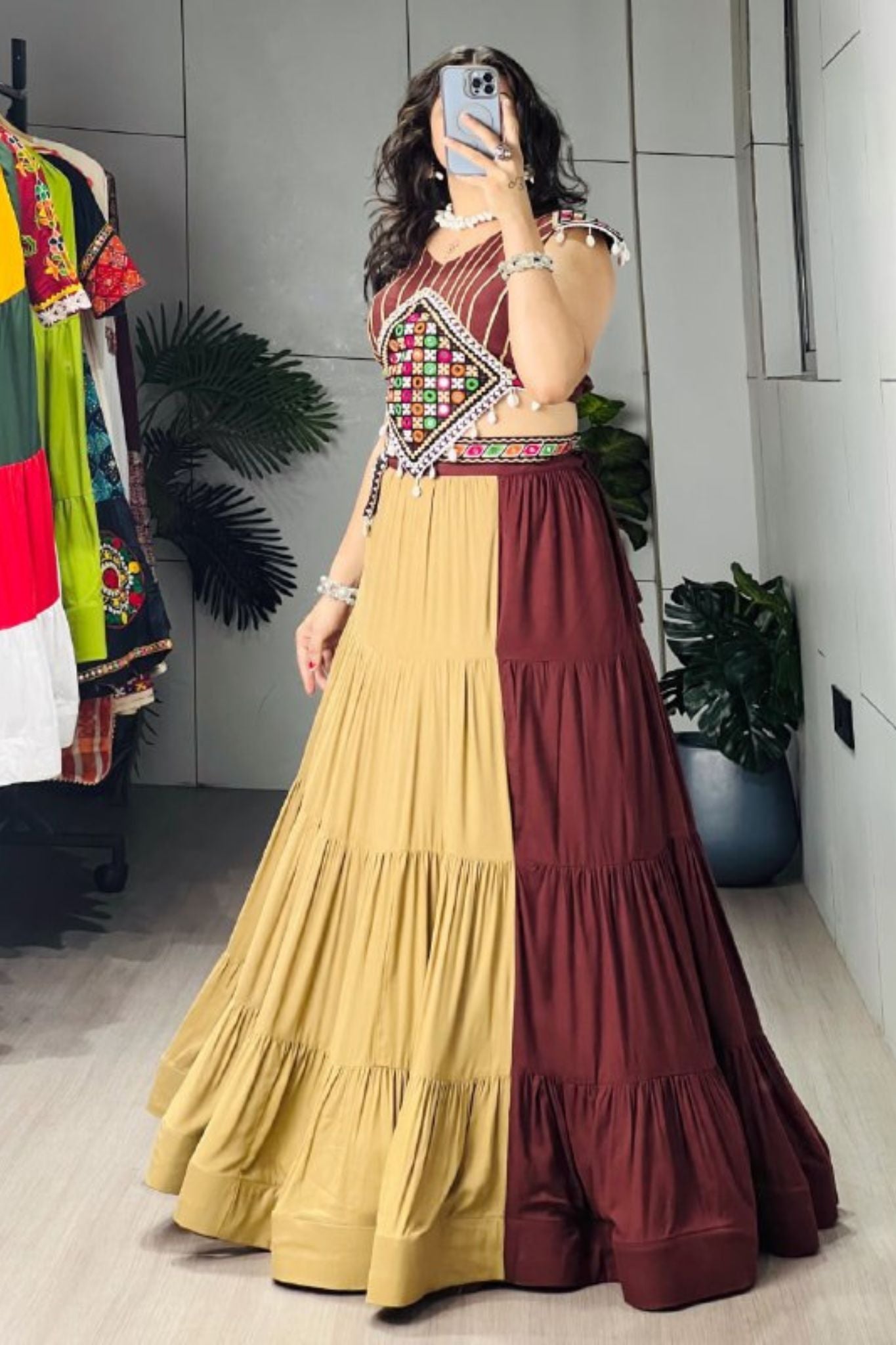 Raasrang Beige Brown Navratri Lehenga Choli For Women