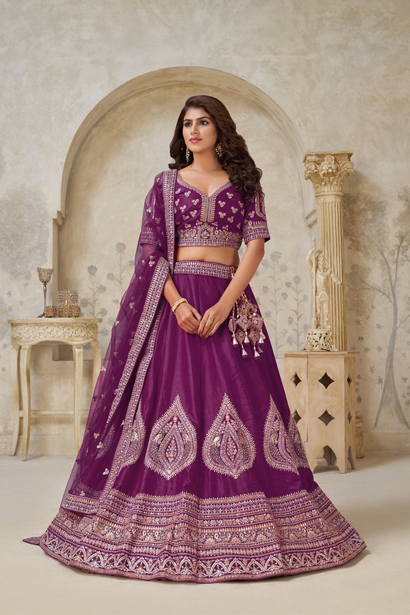 Crimson Elegance Minimalist Peacock And Leaf Motif Bridal Lehenga