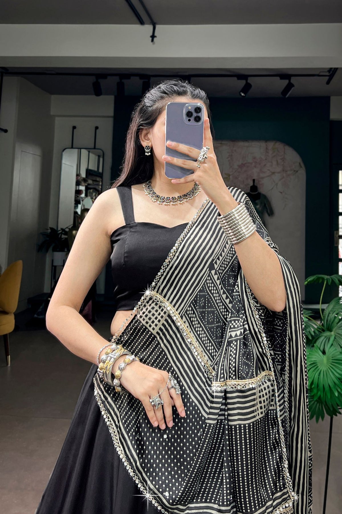 Navy Blue Navratri Designer Lehenga Choli With Printed Satin Dupatta