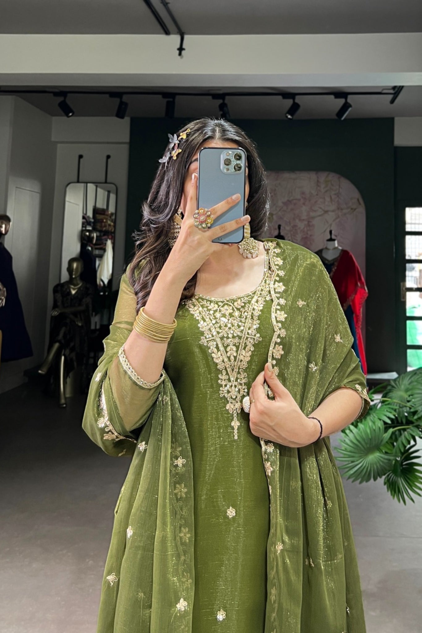 Olive Green Gold Coin Sequins Tread Embroidery Work Ethnic Dress